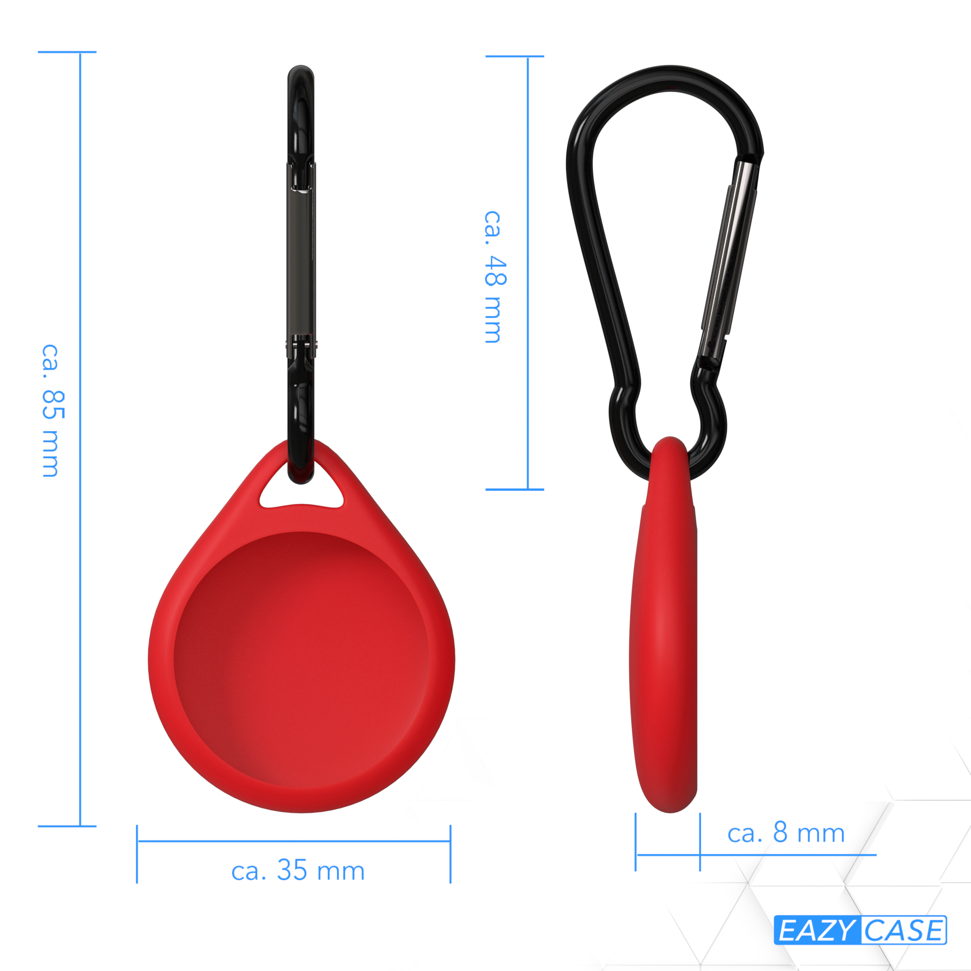 Roter Anhänger mit schwarzem Karabiner, Abmessungen gezeigt. Seitenansicht des Anhängers.