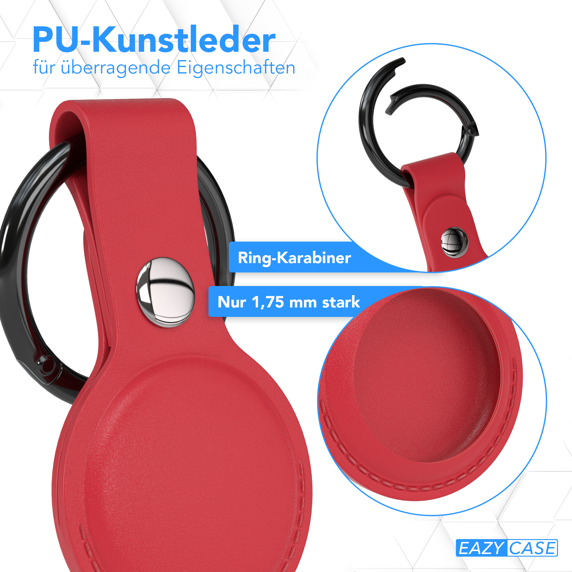 Roter Schlüsselanhänger mit schwarzem Ring. Detailaufnahmen zeigen Ring und Rückseite.