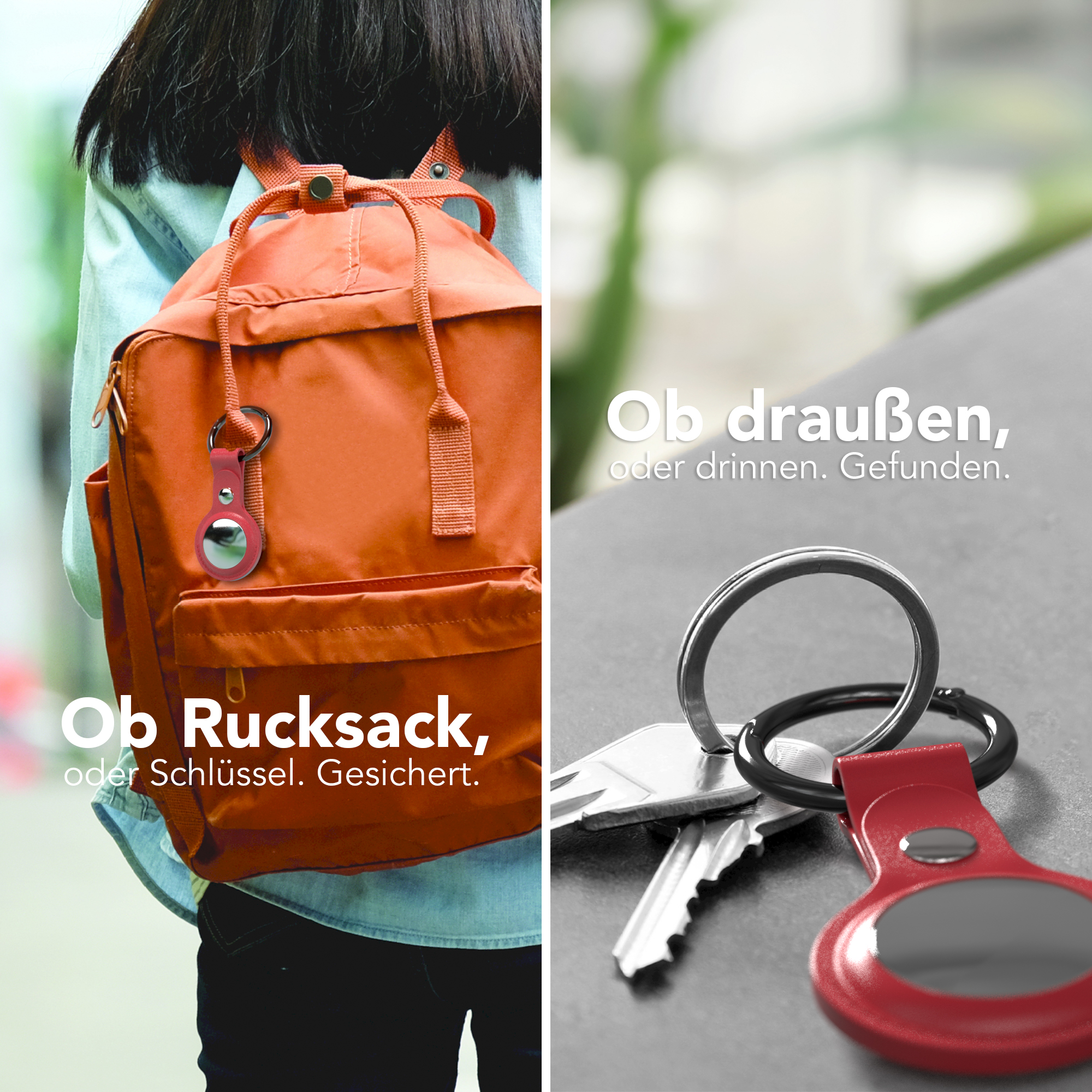 Ein rotes AirTag an einem orangefarbenen Rucksack befestigt. Schlüssel mit rotem Anhänger liegen.