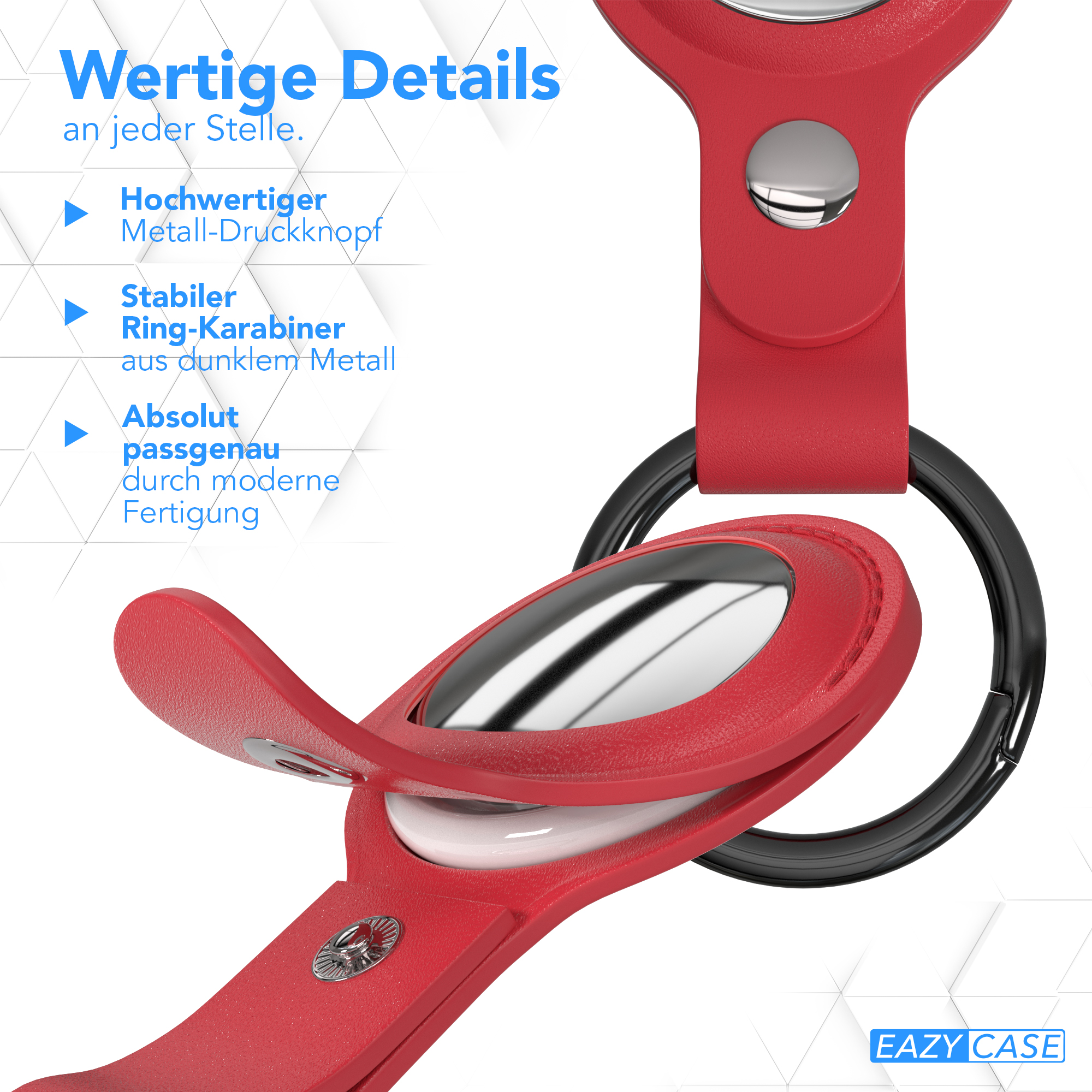 Ein roter AirTag-Halter mit schwarzen Details, geöffnet, um das Innere zu zeigen. Text auf Deutsch.