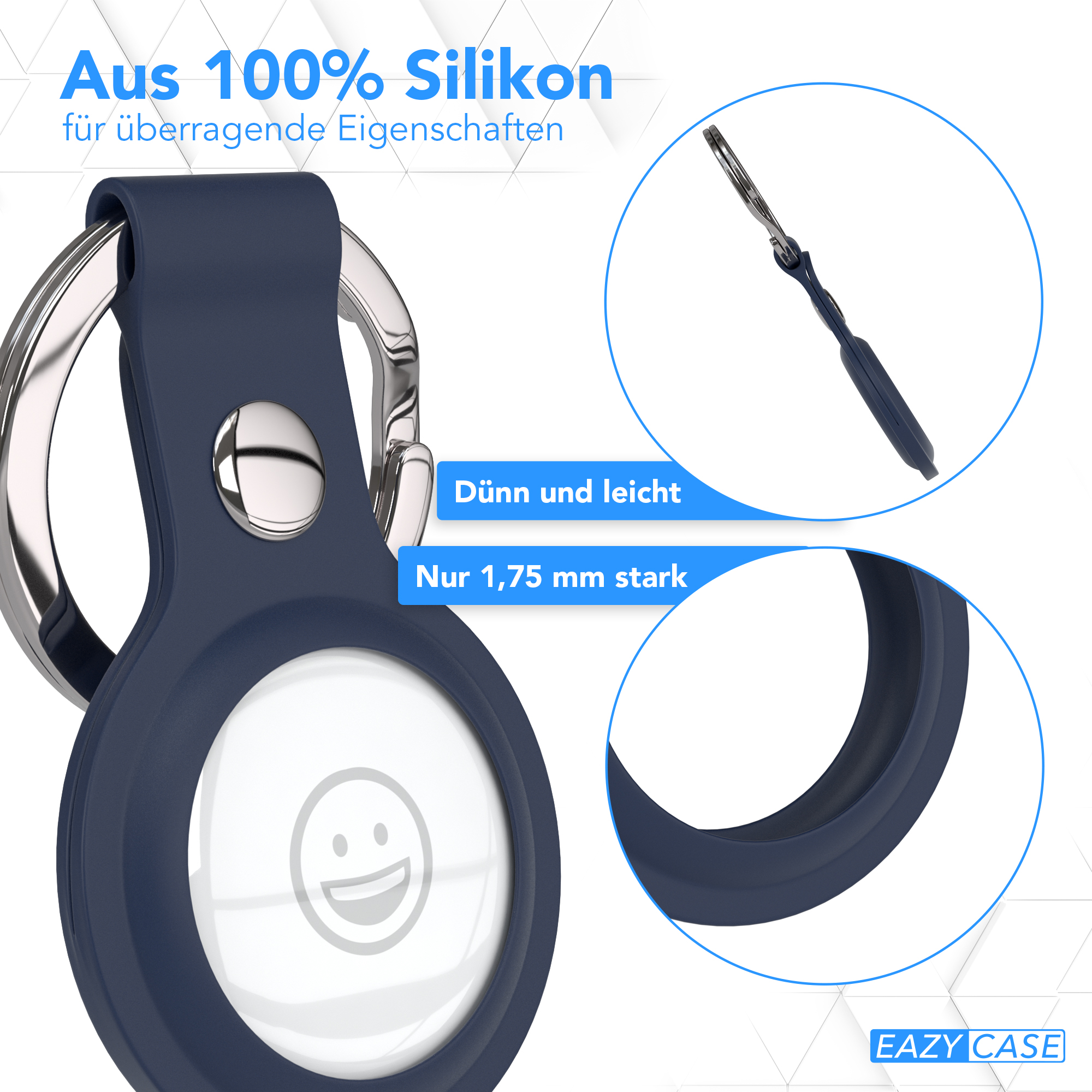 Blaue AirTag-Hülle mit silbernem Ring. Text: 'Aus 100% Silikon'. Nahaufnahme der Hülle.