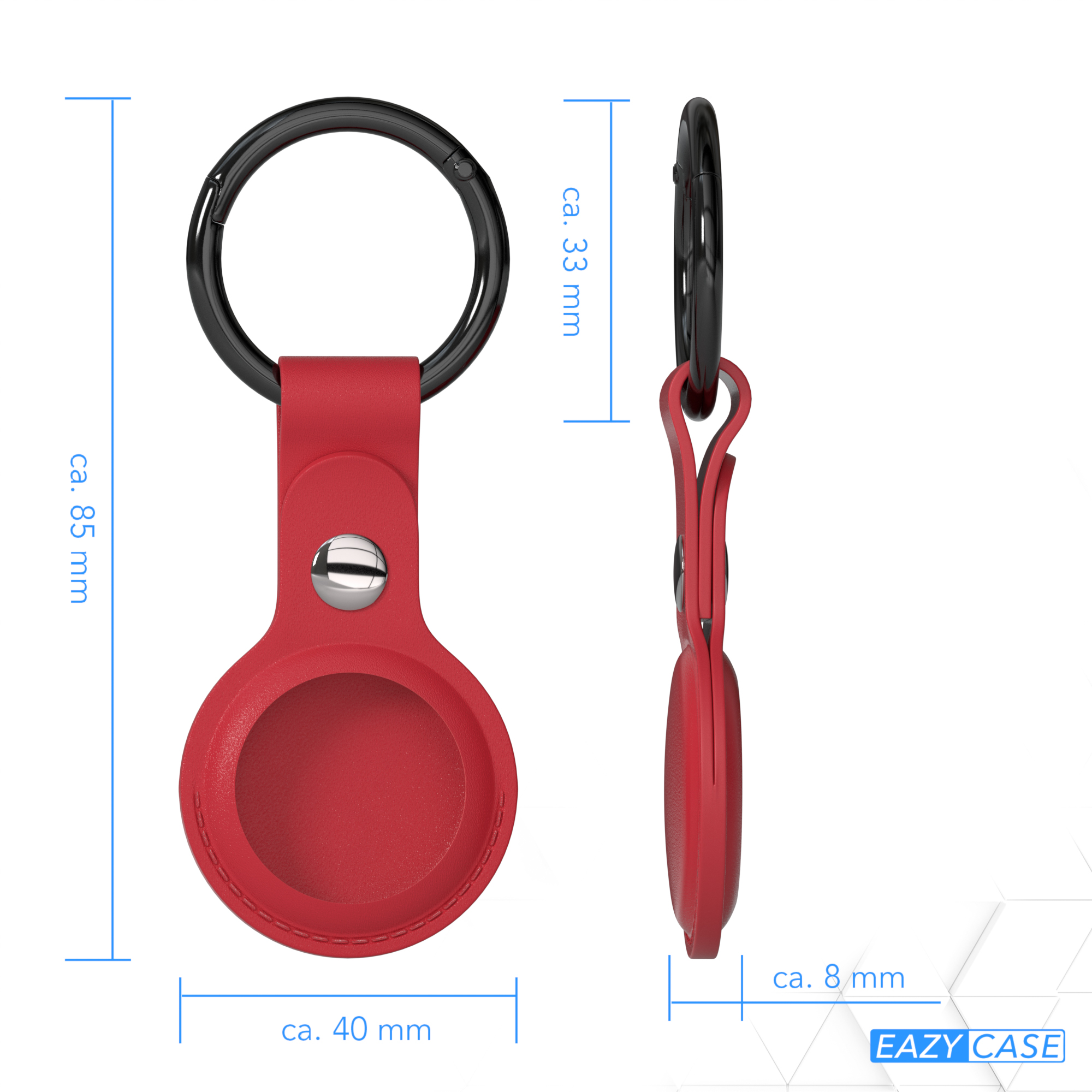 Rote AirTag-Hülle mit schwarzem Ring, Maße in mm. Die Hülle hat einen silbernen Knopf.