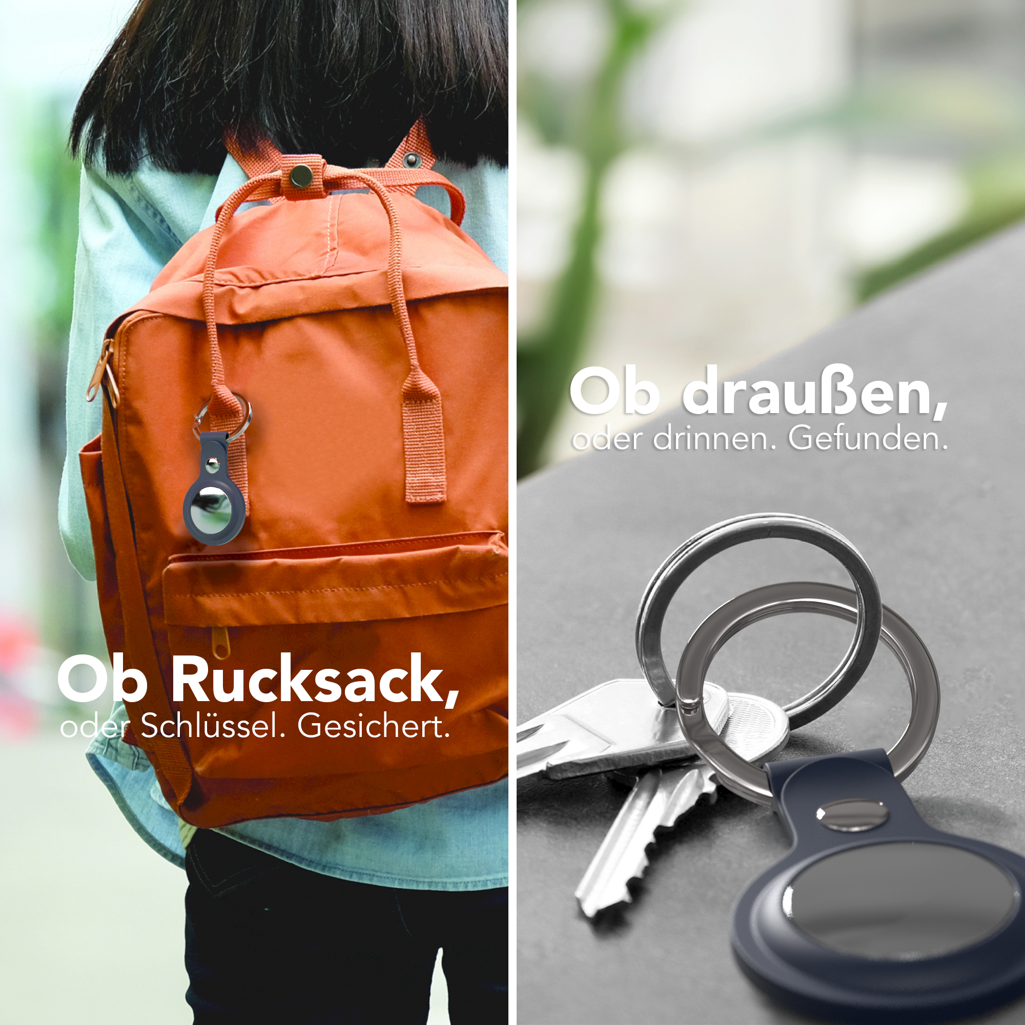 Oranger Rucksack mit dunkelblauem Anhänger. Schlüssel an einem Ring.