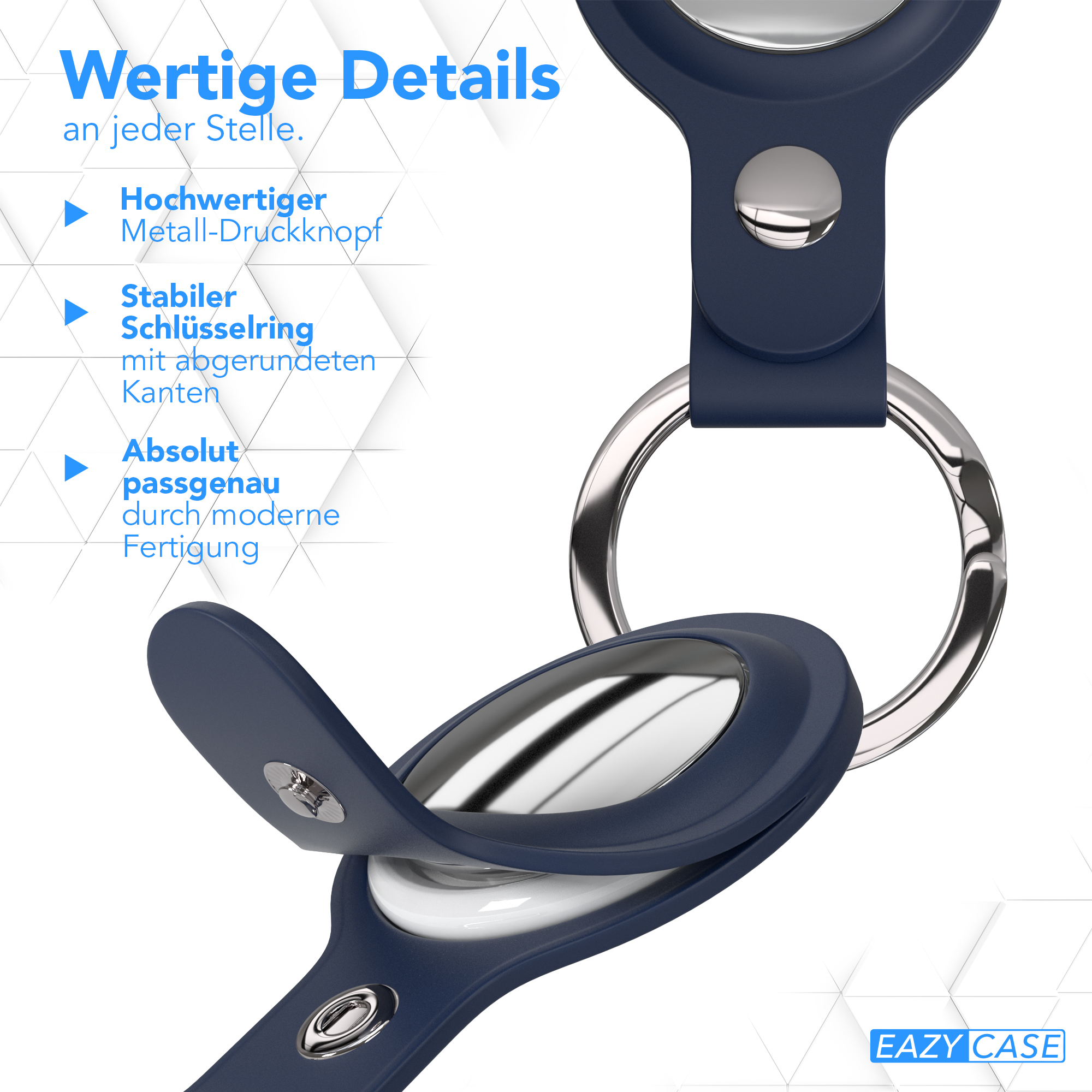 Nahaufnahme eines dunkelblauen AirTag-Halters mit Silberring, Details und Text.