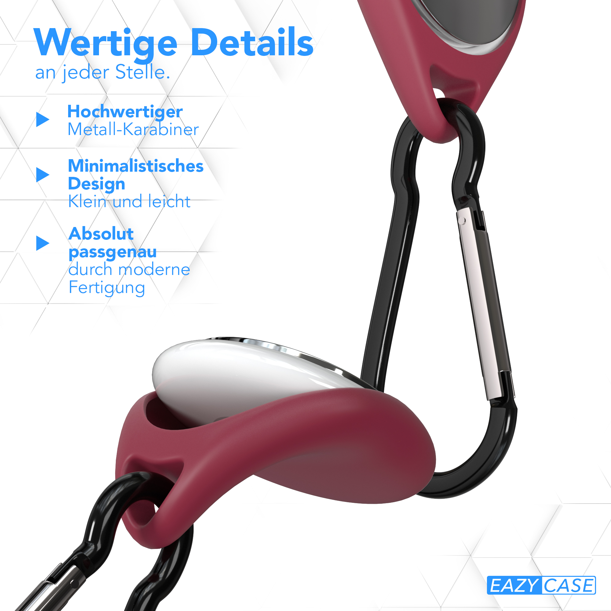 Nahaufnahme eines weinroten AirTag-Halters mit einem schwarzen Karabiner.