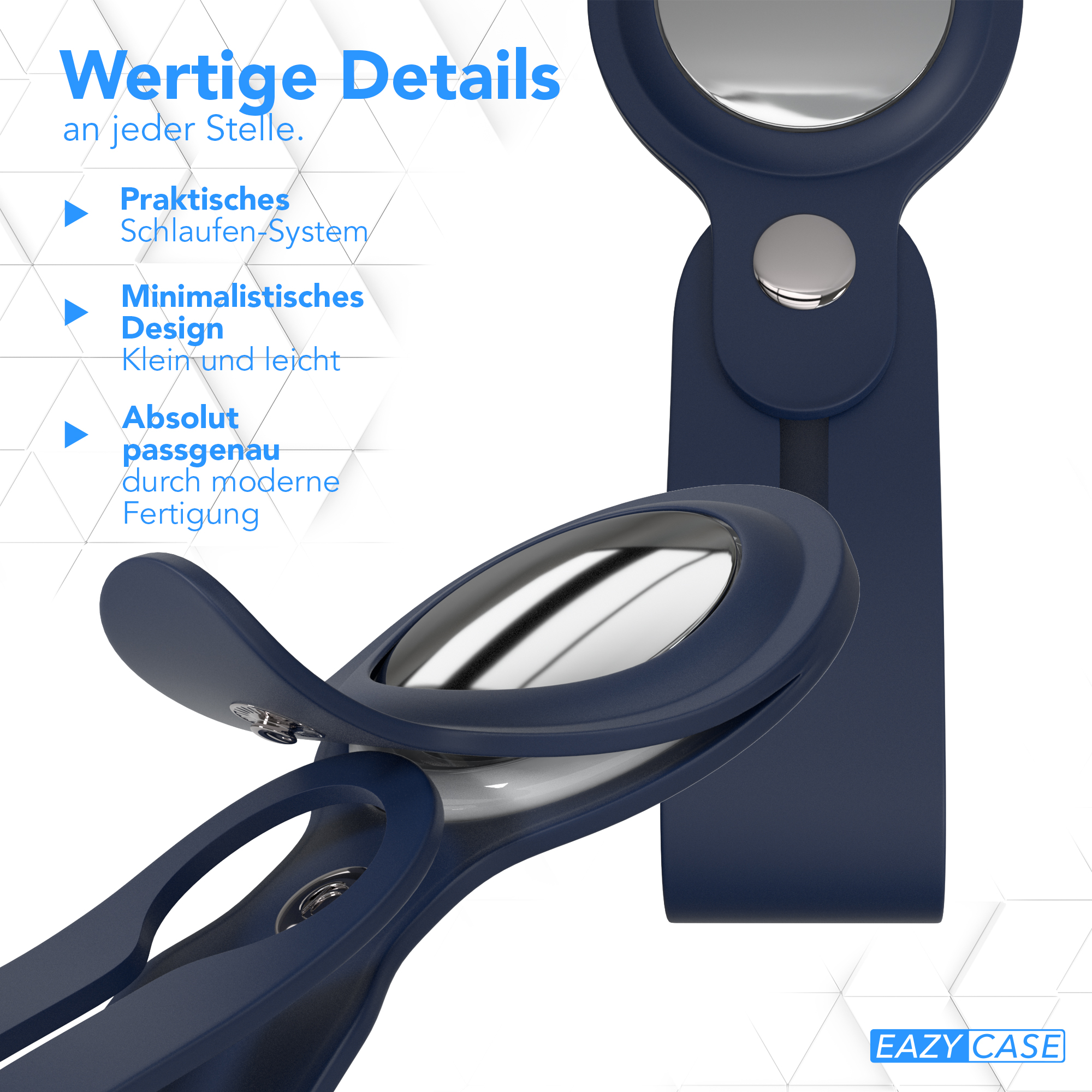 Dunkelblauer AirTag-Clip mit Text, der Details und Design zeigt.