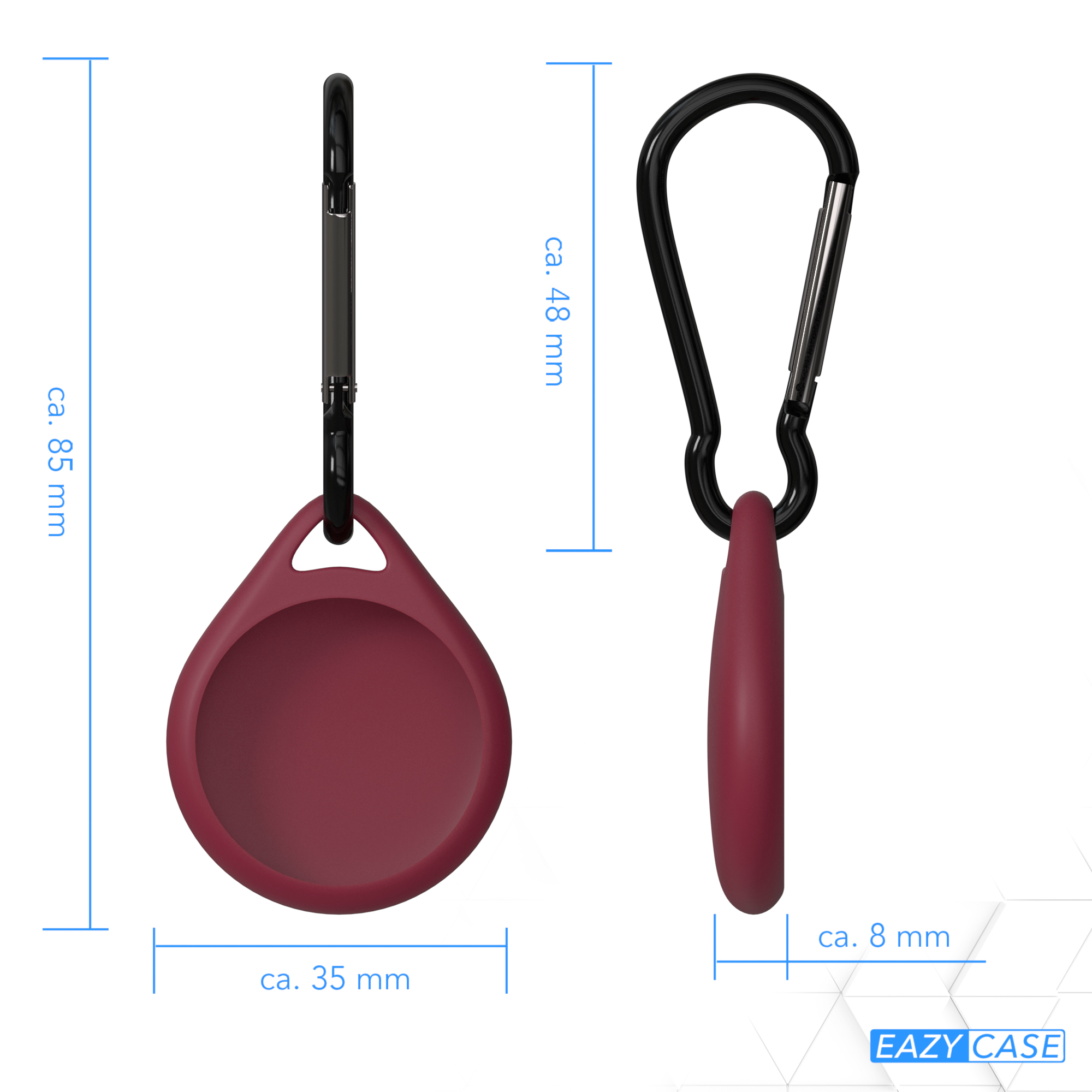 Zwei Hüllen mit einem Karabiner. Die Hüllen haben Maße mit blauem Hintergrund.