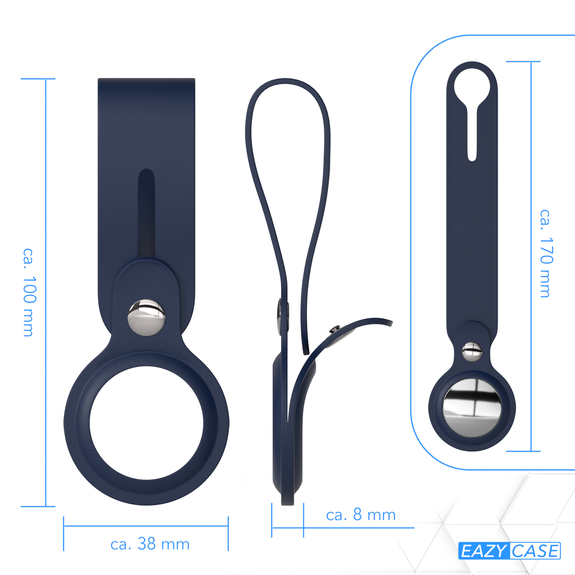 Blauer AirTag-Halter in drei Ansichten: vorne, seitlich und hinten, mit Abmessungen in mm.