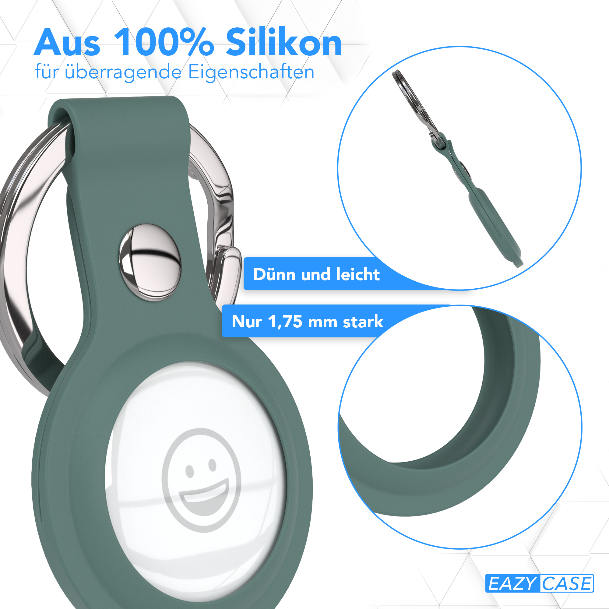 Grüner Silikon-Schlüsselanhänger mit silbernem Ring und weißem Smiley-Gesicht.