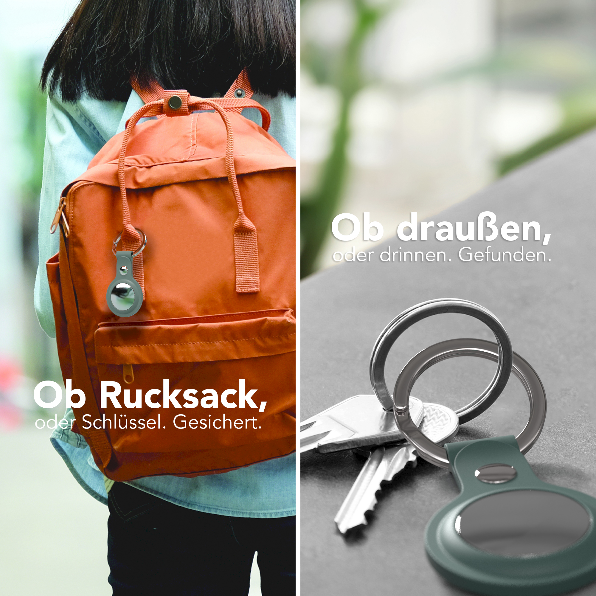 AirTag an Rucksack und Schlüsseln befestigt. Grüne AirTag-Hülle ist sichtbar.