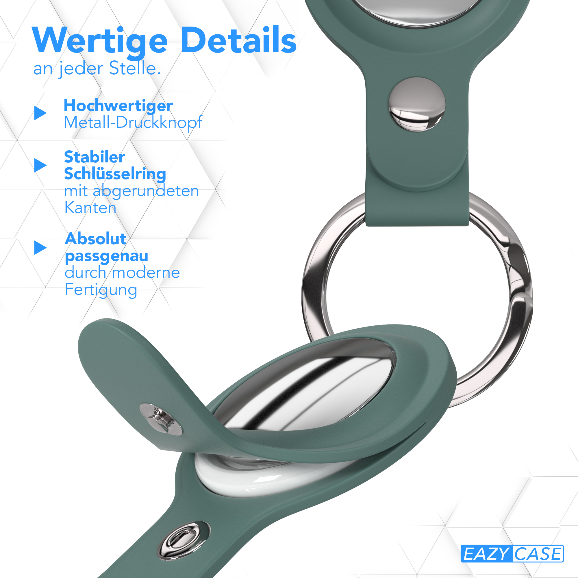 Grüner AirTag-Halter mit Metallring, zeigt Details wie Metallknopf und Ring.
