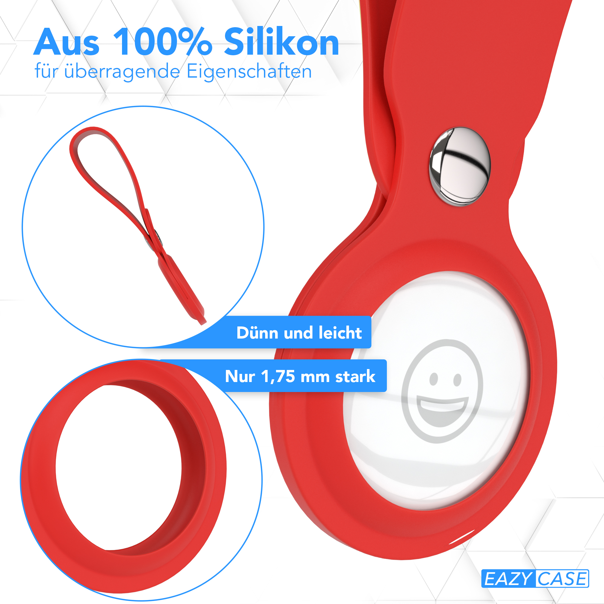 Eine rote Silikonhülle für ein AirTag, mit Details über ihre Dünnheit und ihr Material.