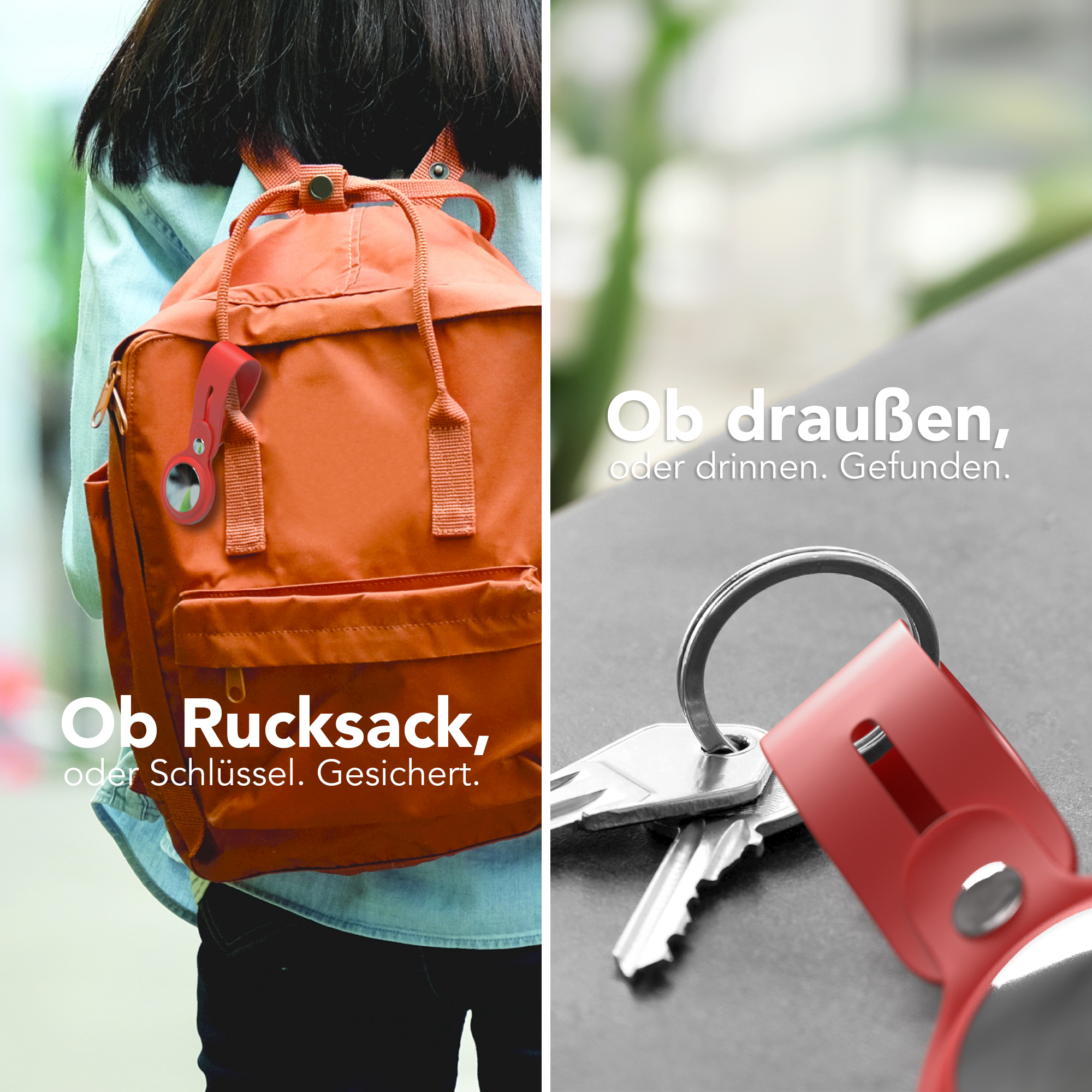 Zwei Bilder kombiniert. Ein rotes Etikett an einem Rucksack und an einem Schlüsselanhänger. Text: 'Ob Rucksack, oder Schlüssel. Gesichert.'