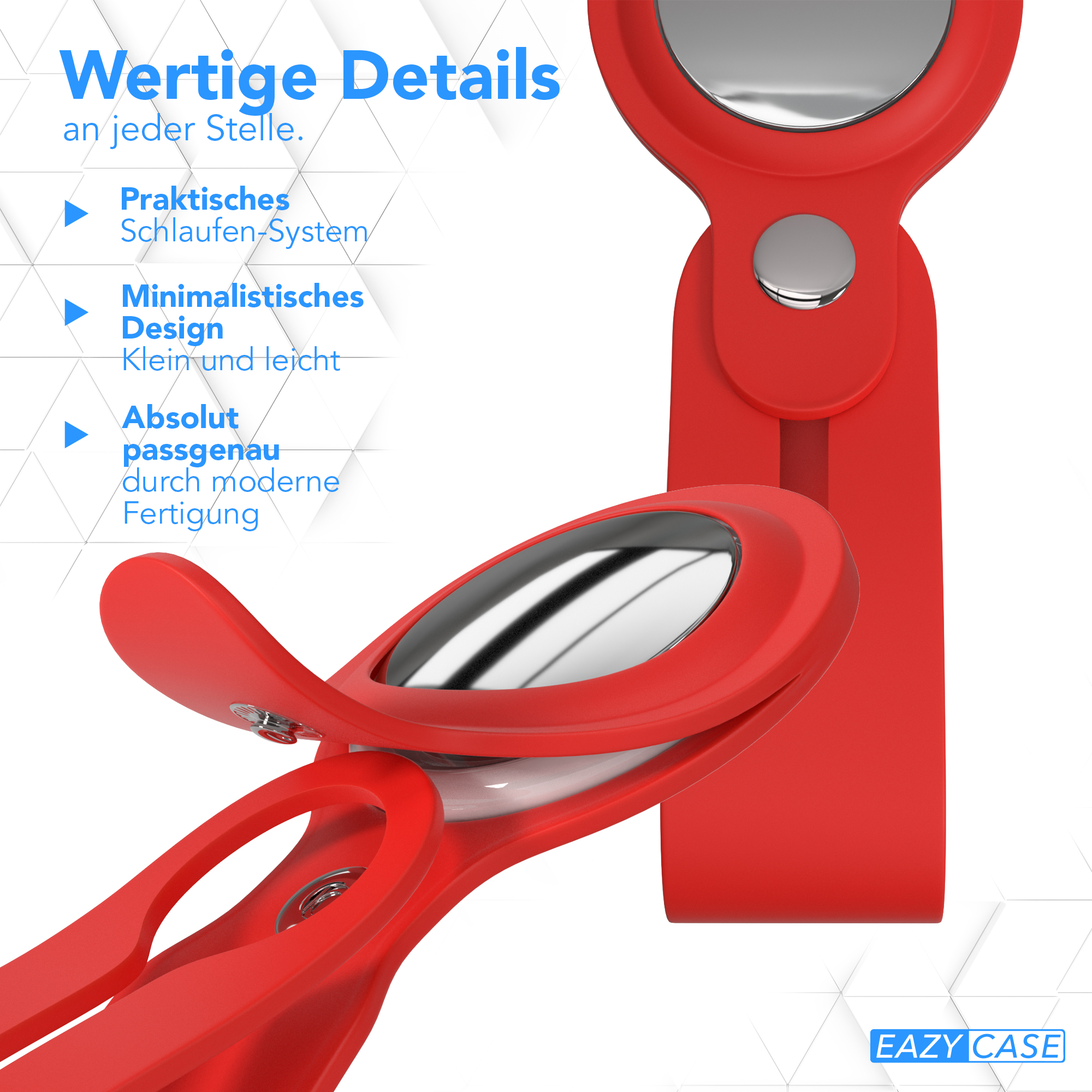 Rotes AirTag-Case mit Verschluss und silbernem Innenraum. Die Details werden vor blauem Hintergrund hervorgehoben.