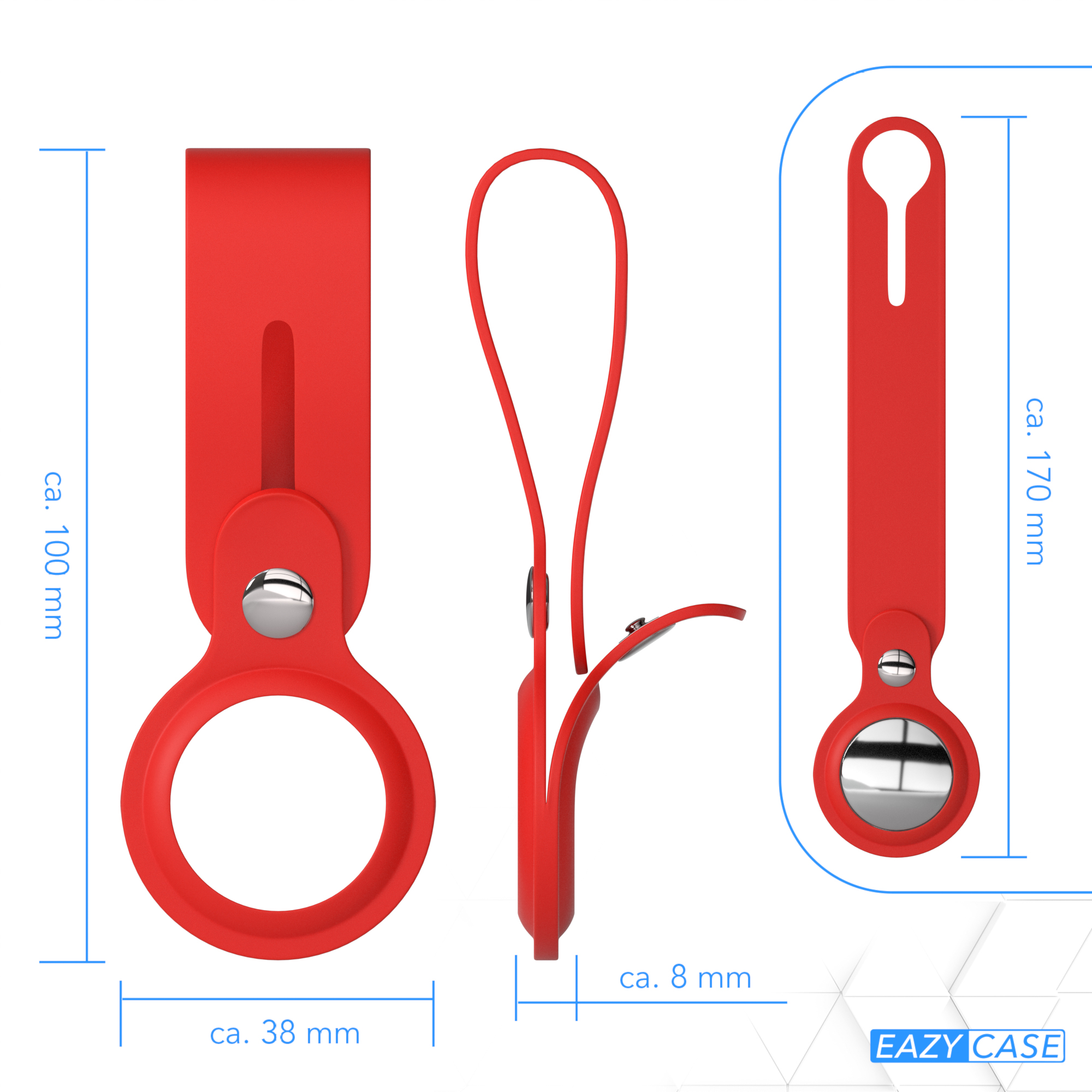 Roter AirTag-Halter mit Maßangaben. Er hat eine Ringform zum Anbringen.