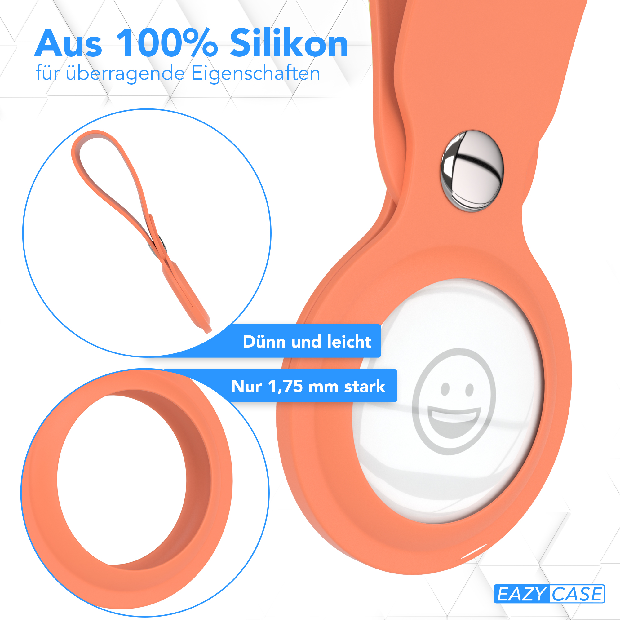 Orangene Silikon-AirTag-Hülle mit Riemen und einem lächelnden Gesichtsdesign.