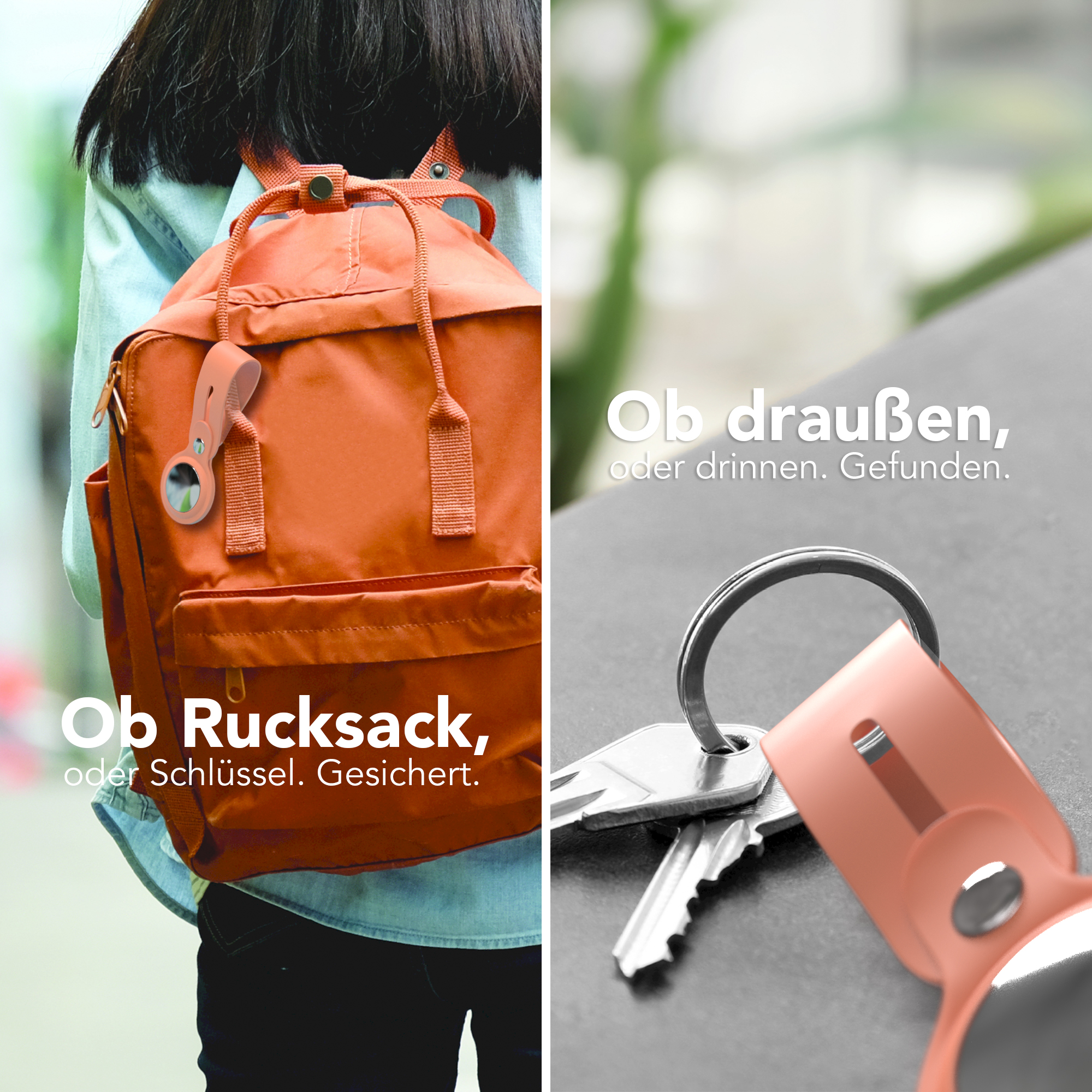 Ein Rucksack und Schlüssel einer Person mit einem pfirsichfarbenen Anhänger, mit dem Text 'Ob Rucksack'.