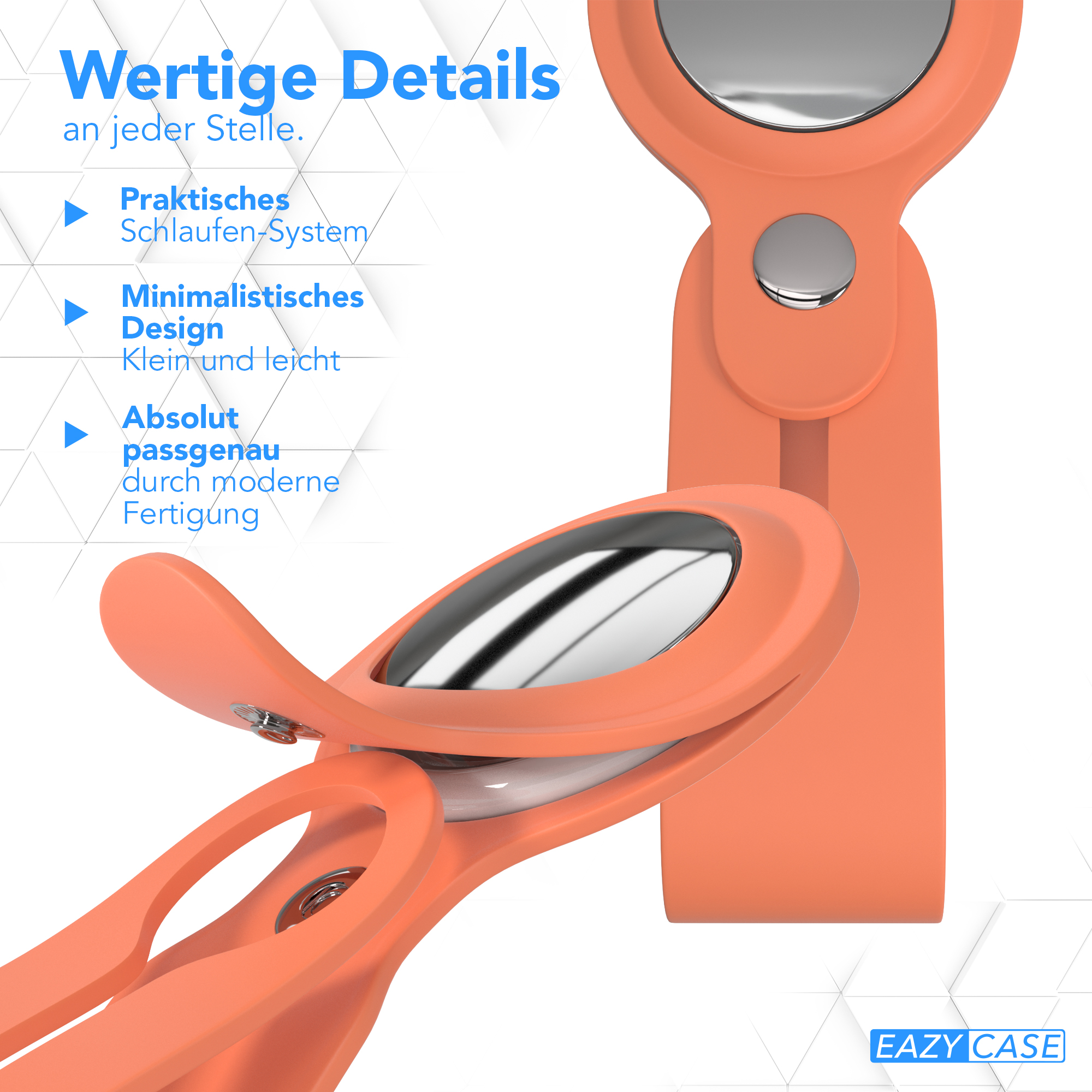 Eine orangefarbene Handyhülle mit geschwungenem Design, einem silbernen Knopf und dem Schriftzug EAZY CASE.