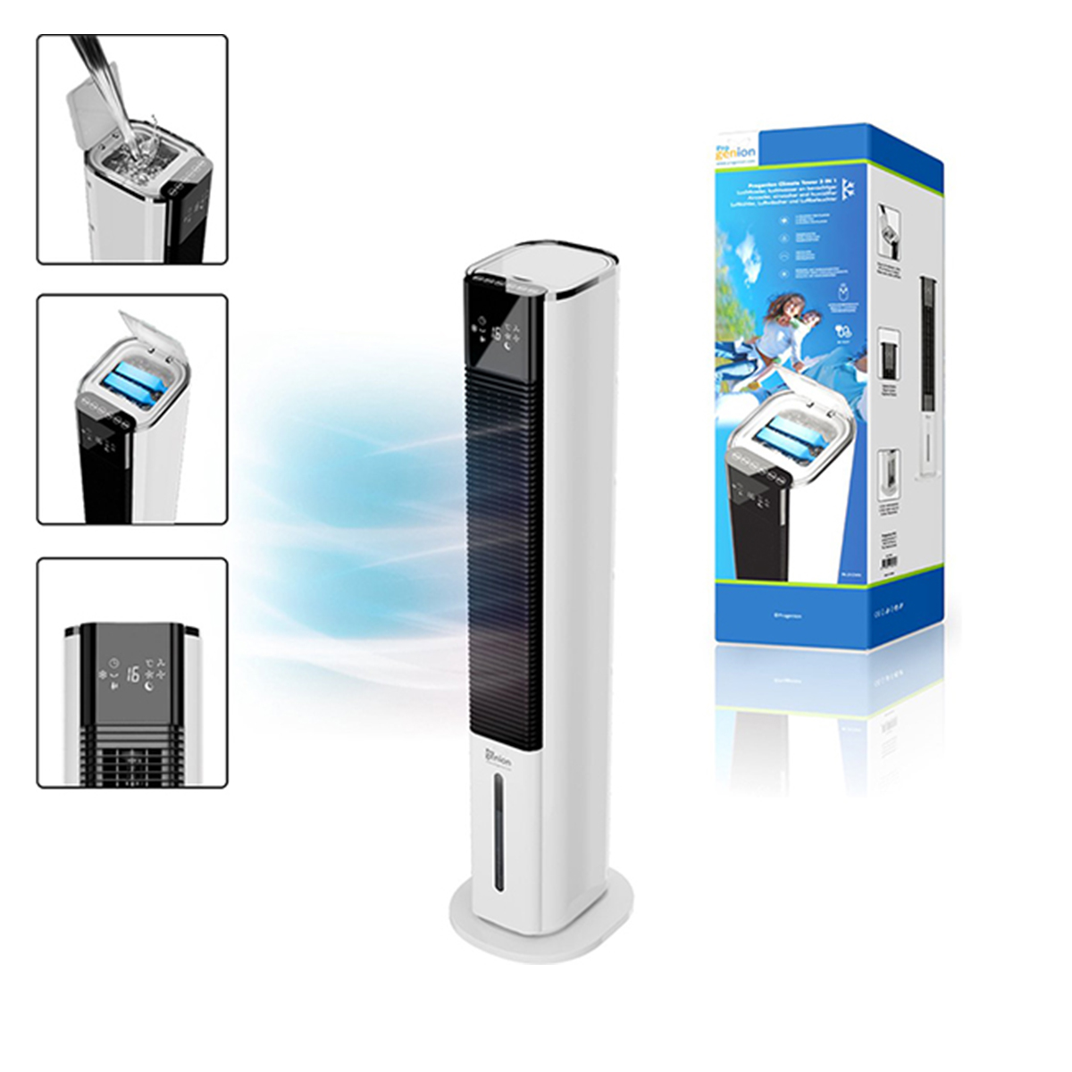 Ein weißer und schwarzer Turmventilator. Mehrere Ansichten des Lüfters und seiner Box werden gezeigt. Er steht auf einer weißen Oberfläche.