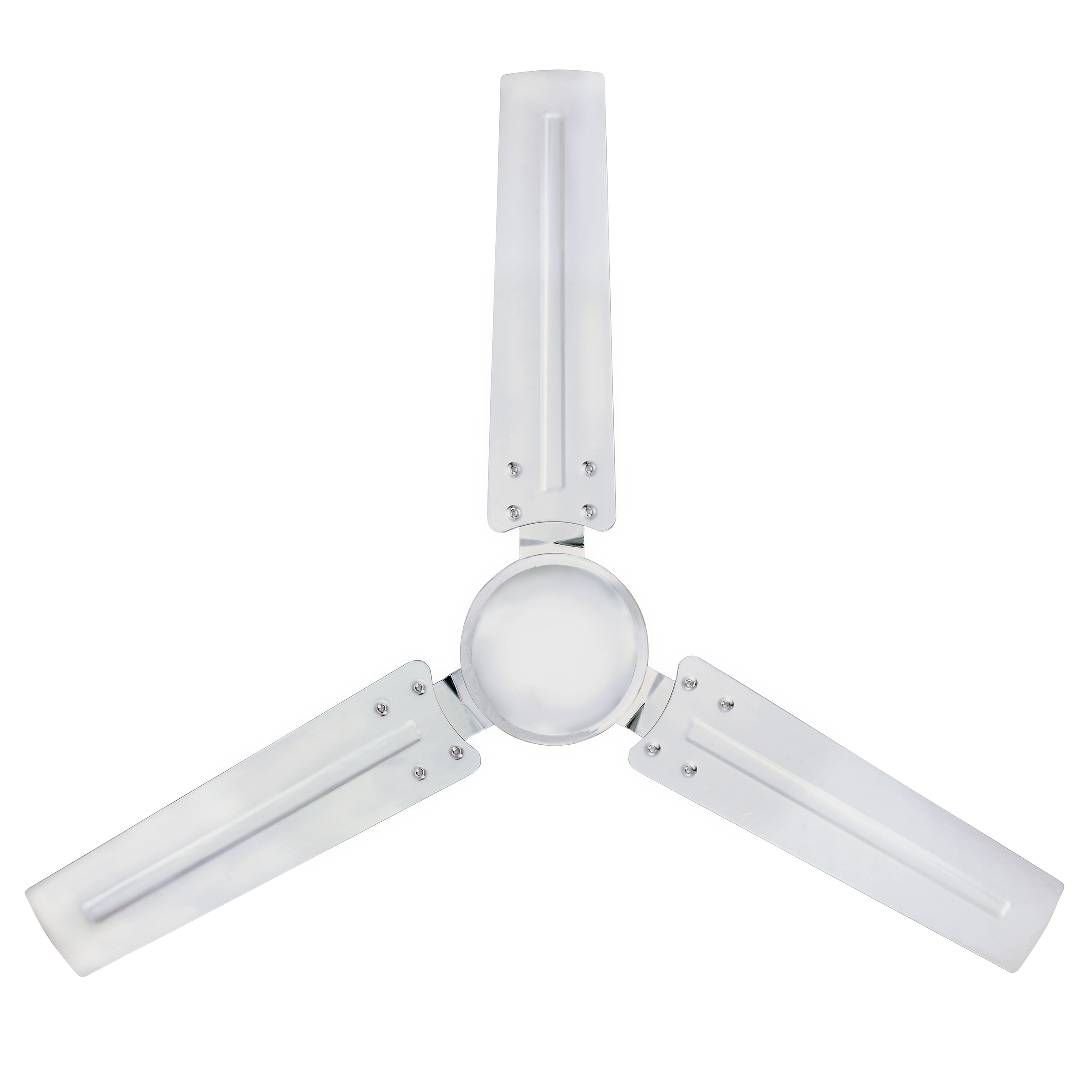 Ein Deckenventilator mit drei weißen Flügeln und einem weißen zentralen Motorgehäuse.
