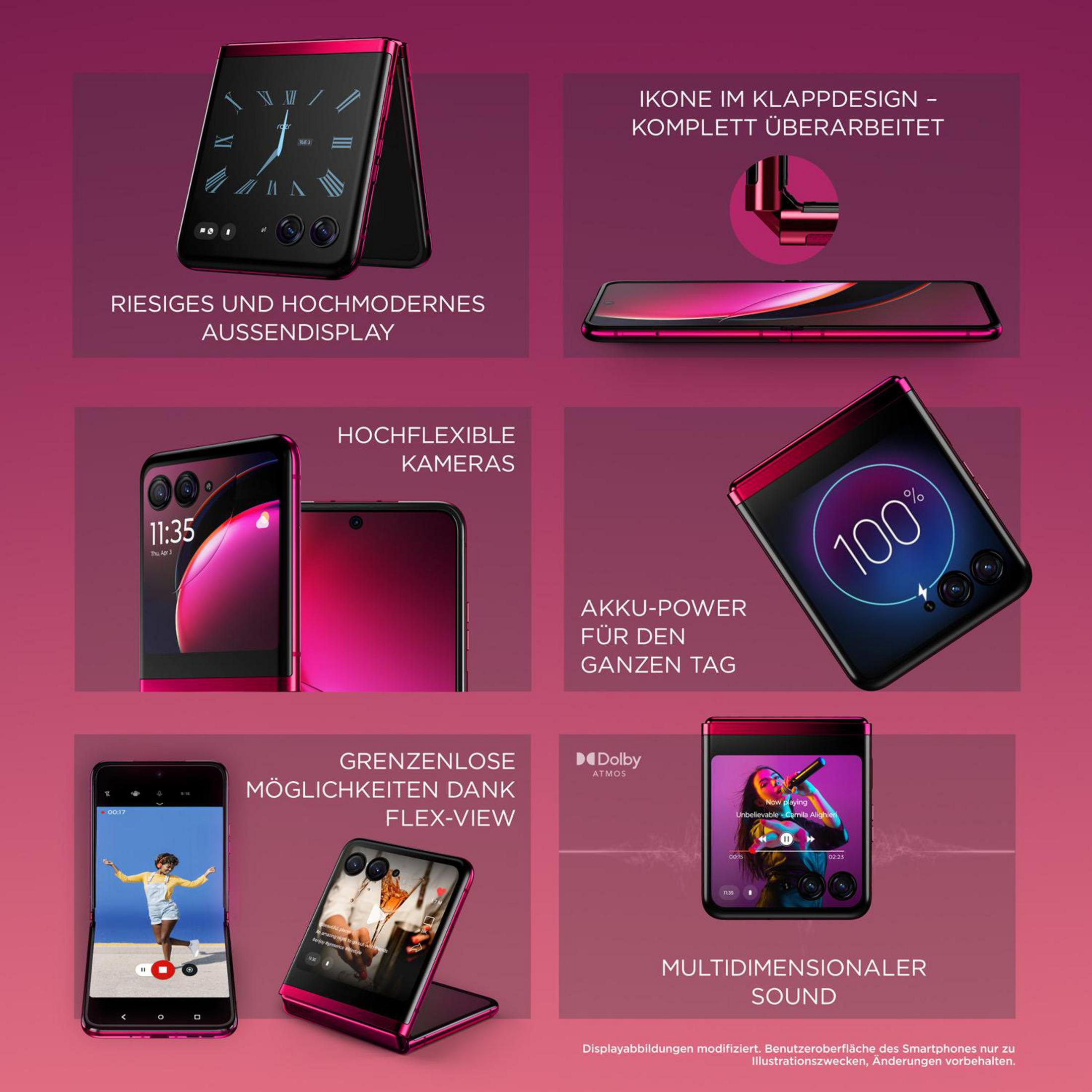 Czerwony składany telefon z wieloma widokami. Pokazuje telefon w różnych pozycjach.