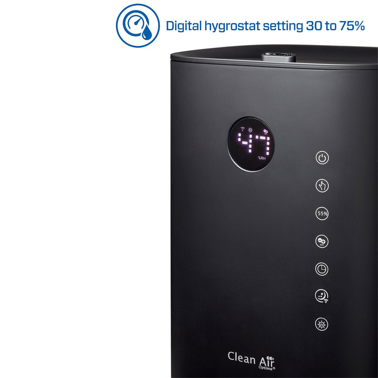 A black air purifier with a digital display showing humidity and settings.