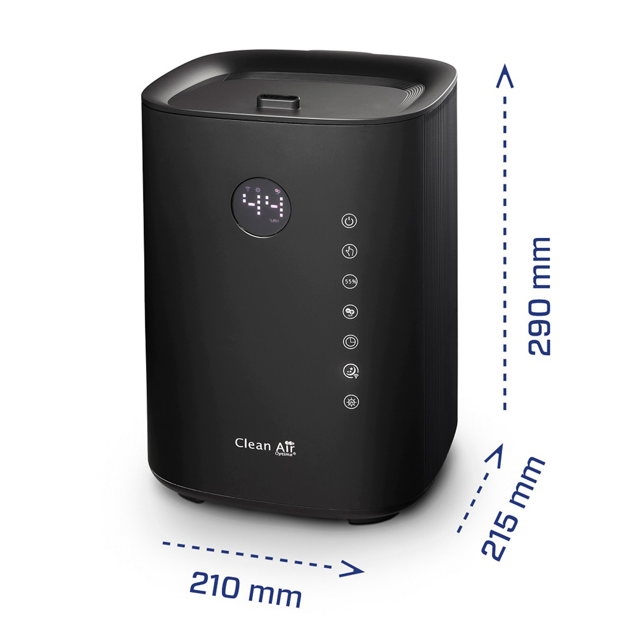 Black humidifier with digital display. It shows humidity level and control buttons.