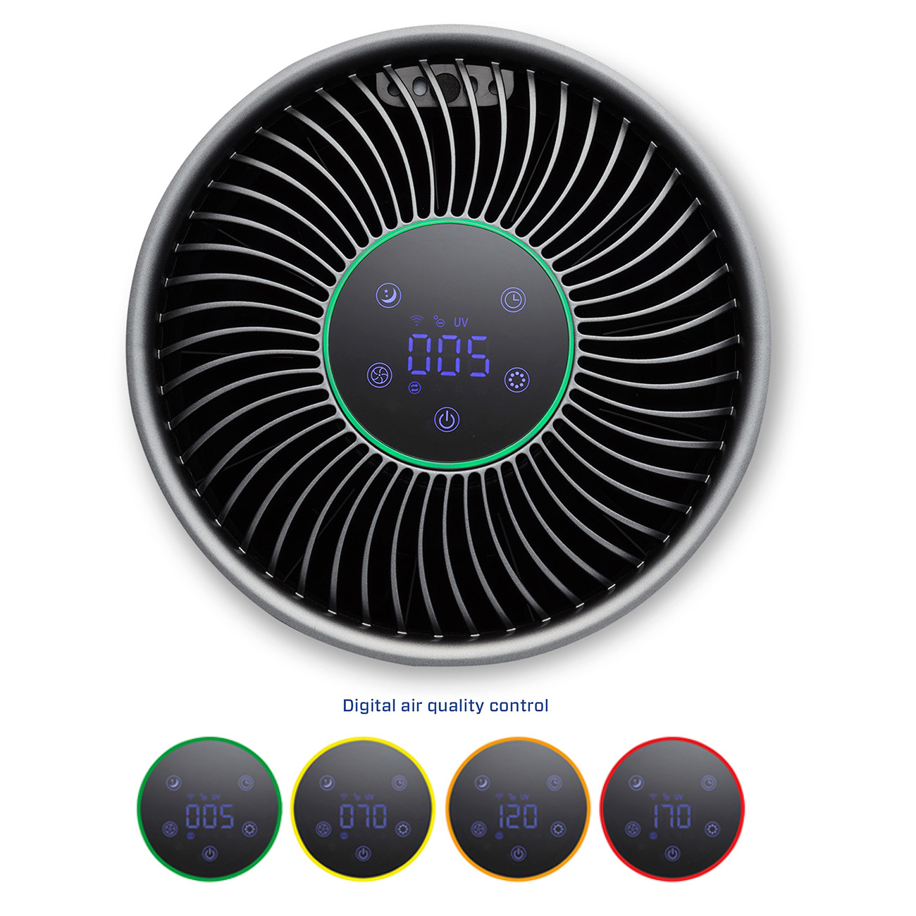 Purificatore d'aria con display digitale che mostra i valori della qualità dell'aria e i pulsanti di controllo.