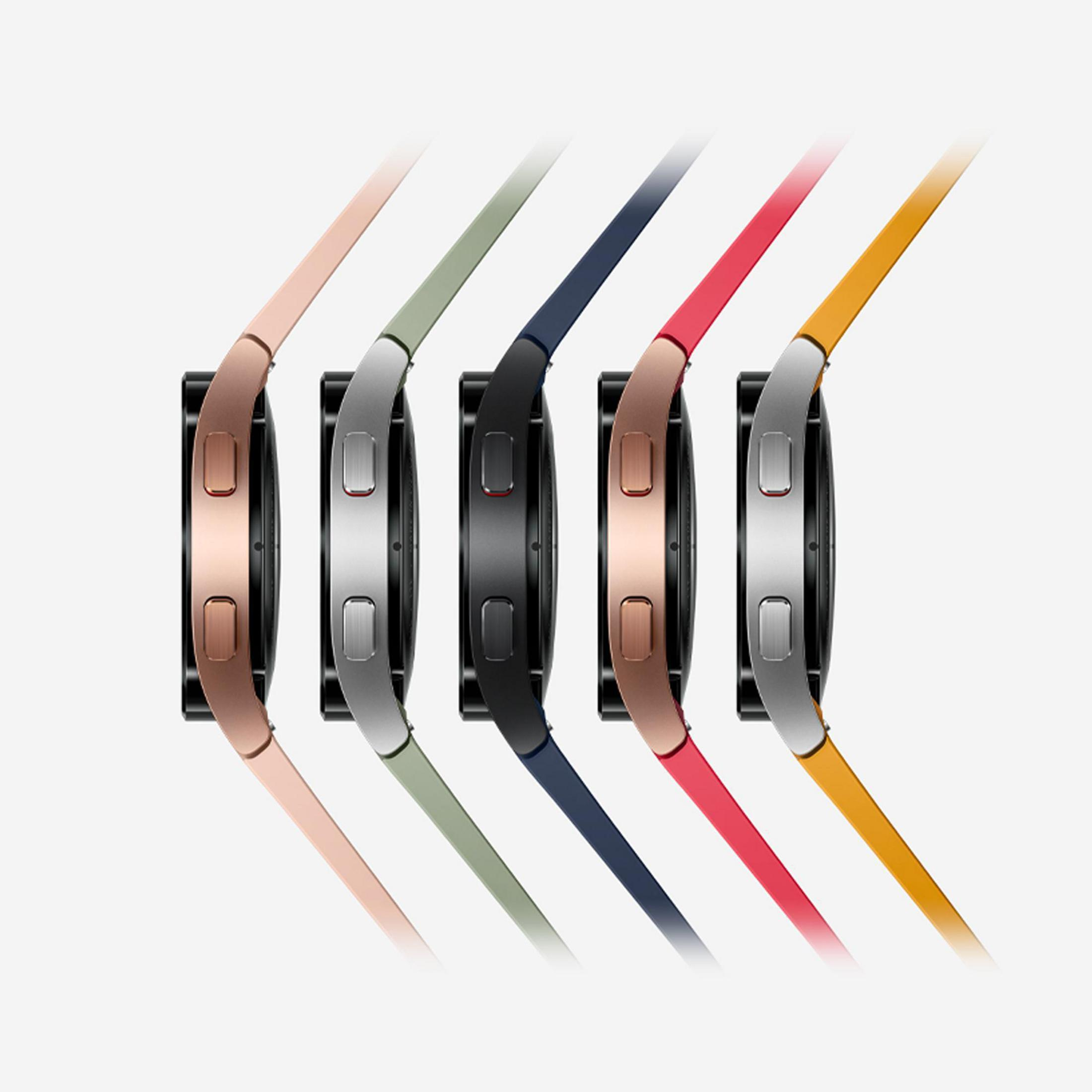 Anordnung von Smartwatches in verschiedenen Farben, Seitenansicht, auf weißem Hintergrund.
