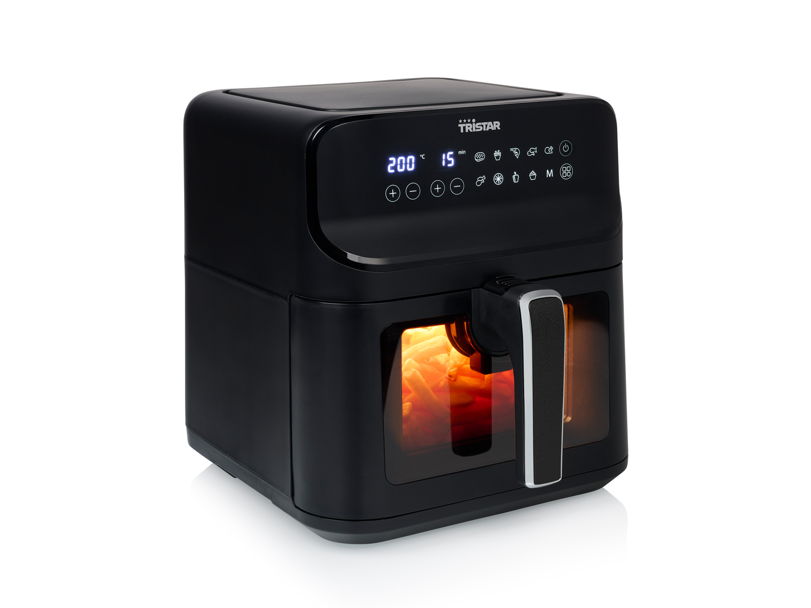 Czarna frytownica powietrzna z podświetlanym wnętrzem i wyświetlaczem.