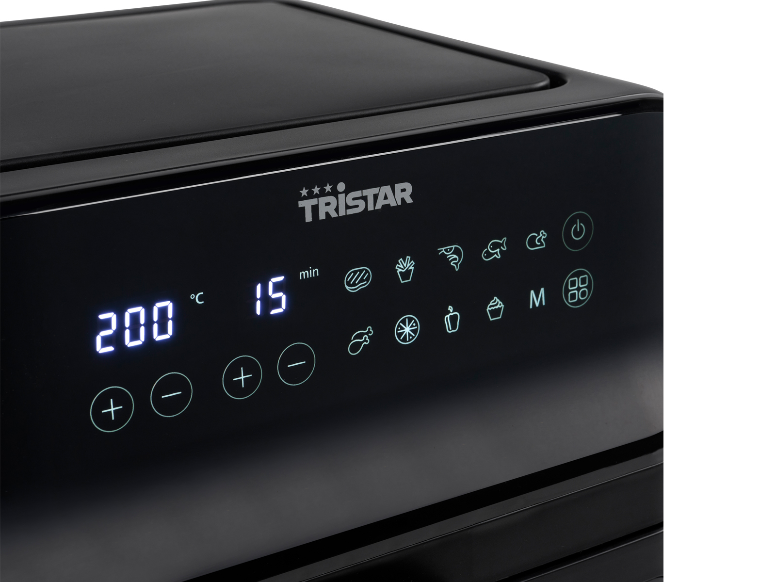 Czarny panel sterowania frytownicy Tristar. Wyświetlacz cyfrowy z ustawieniami i ikonami gotowania.