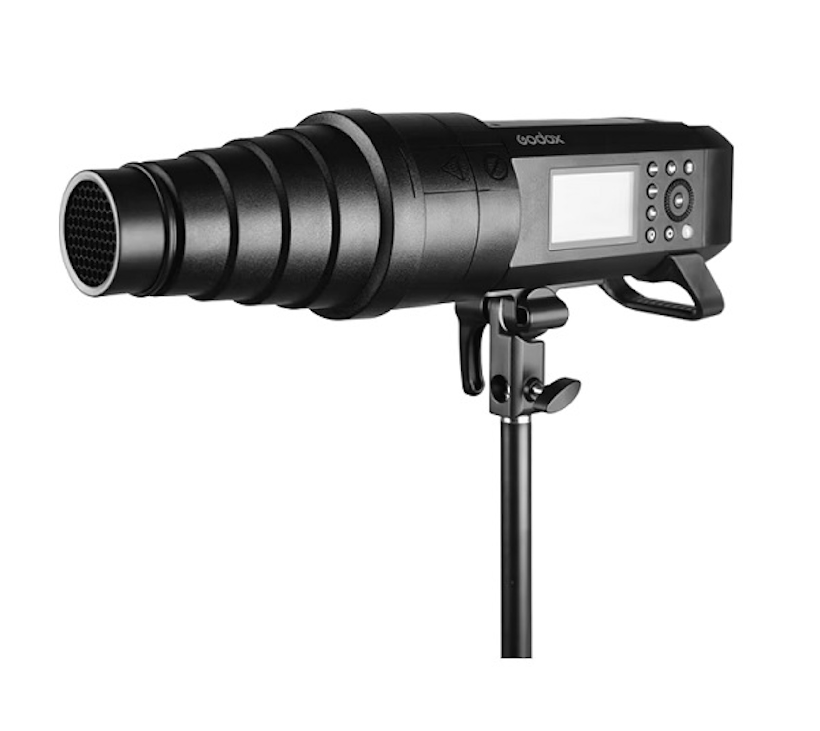Schwarzes Fotostudio-Licht mit Wabe und Stativ.