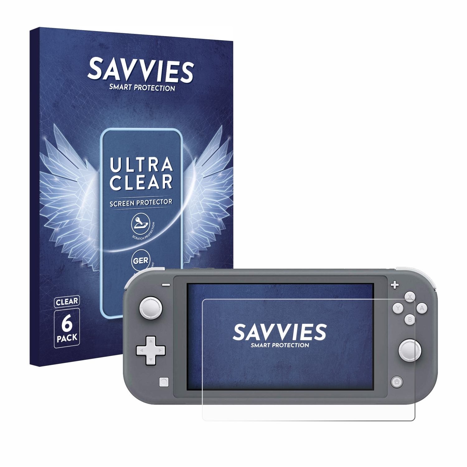 Graues Nintendo Switch Lite mit Displayschutz und Schachtel. Auf der Schachtel steht Savvies Smart Protection.