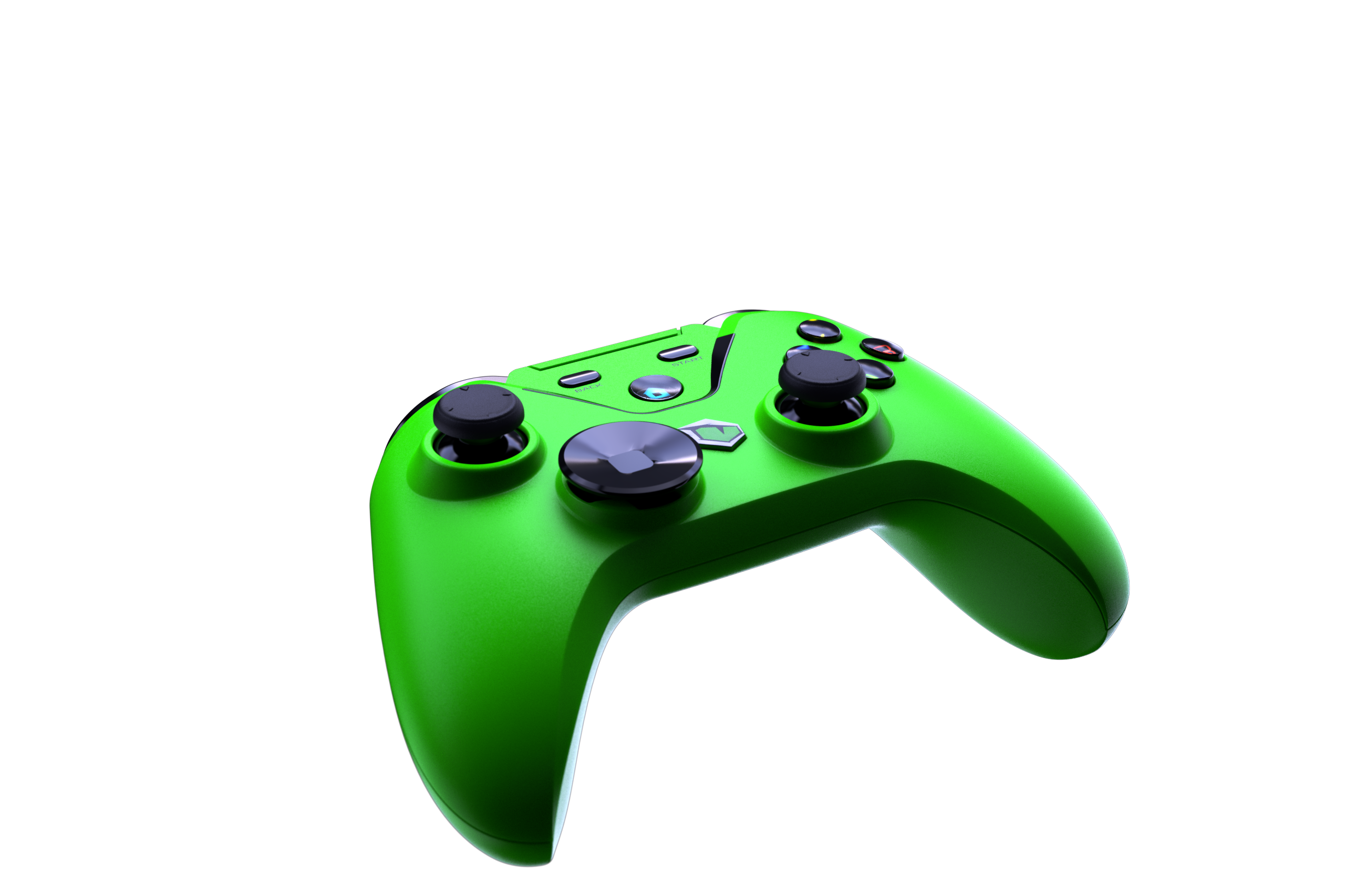 Ein grüner Gamecontroller, schwarze Joysticks und Knöpfe auf schwarzem Hintergrund. Der Controller ist nach oben abgewinkelt.