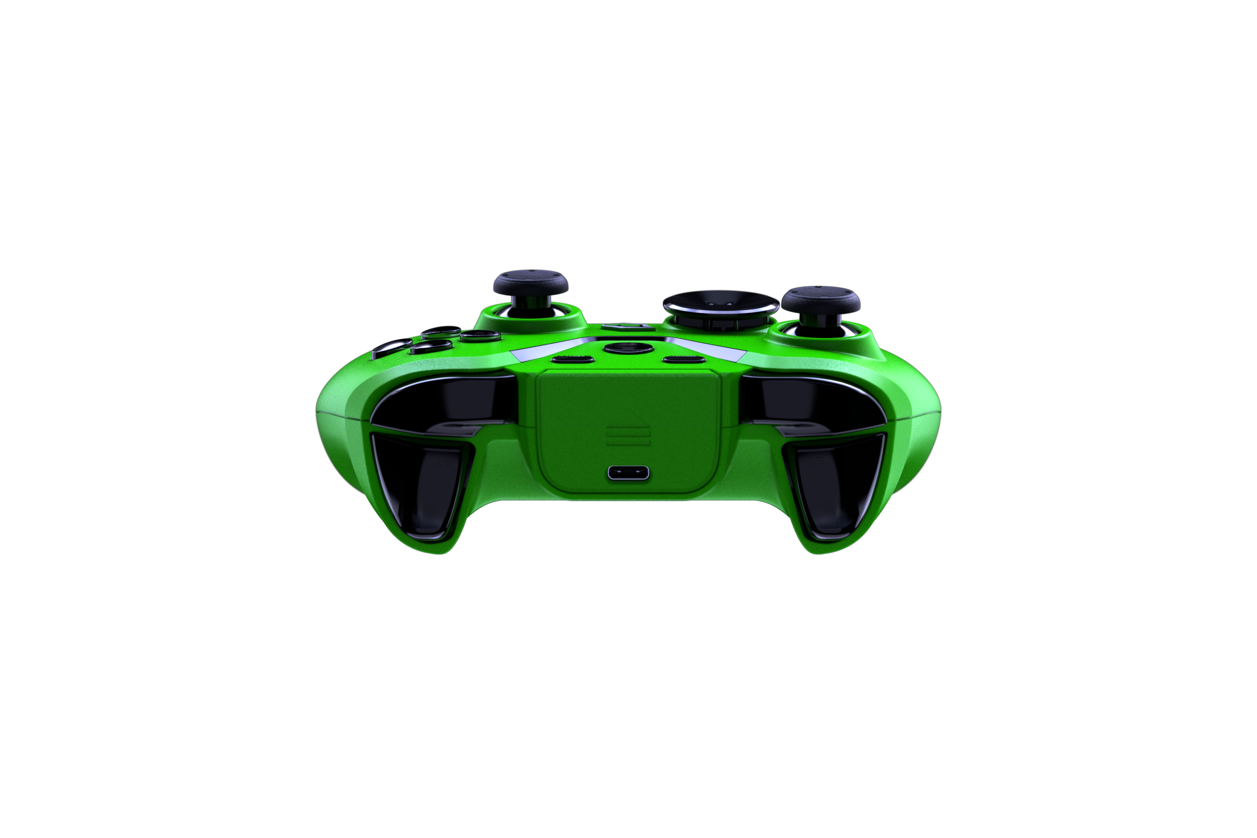 Grüner Gamecontroller auf schwarzem Hintergrund.