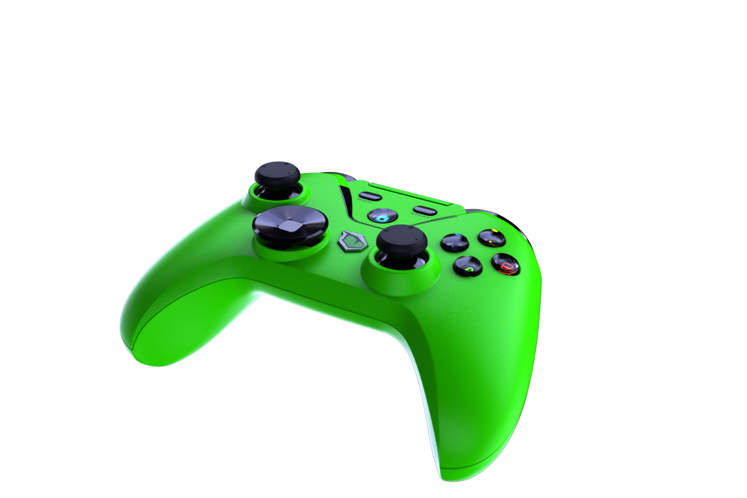 Grüner Gamecontroller mit schwarzen Joysticks, Knöpfen und einem Logo auf schwarzem Hintergrund.