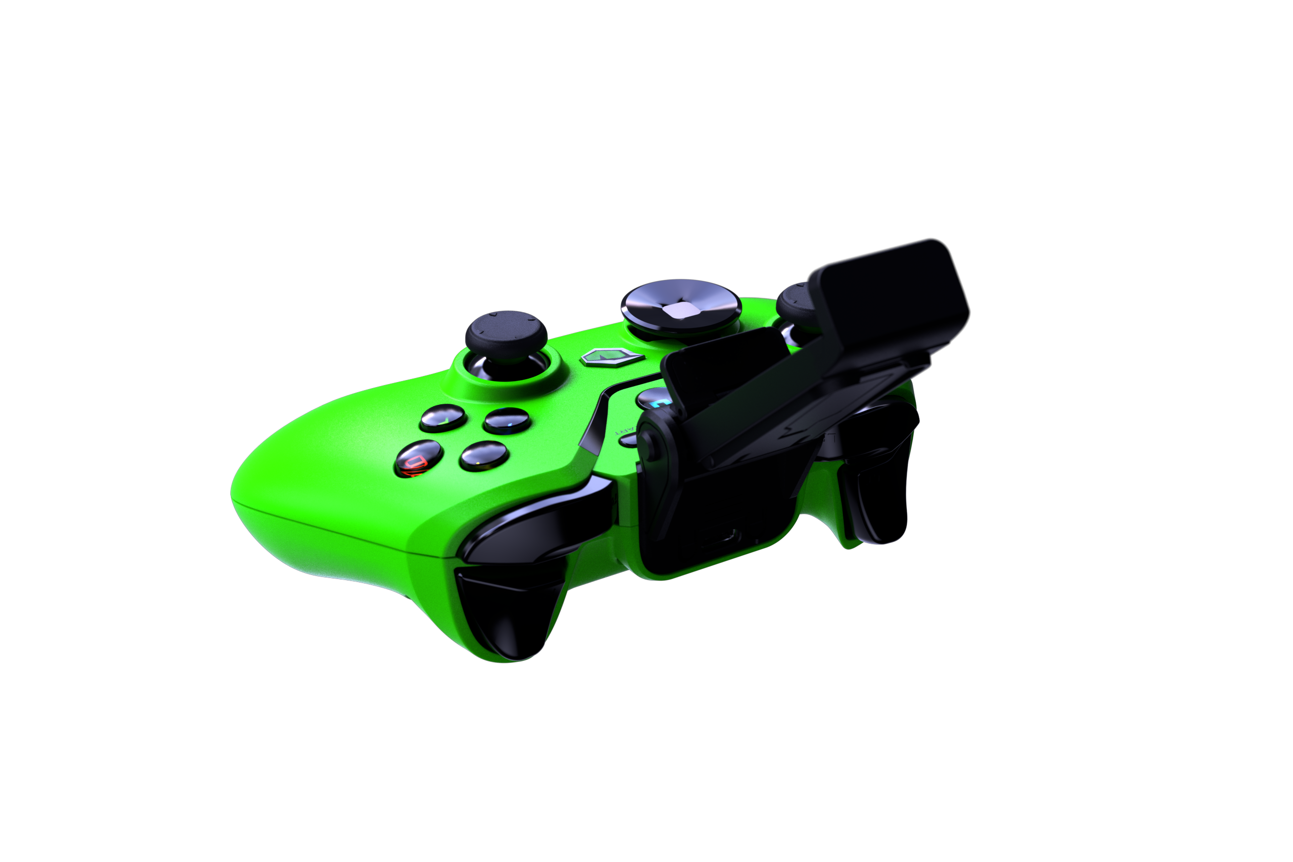 Grüner Gamecontroller auf schwarzem Hintergrund. Knöpfe und Joysticks sichtbar.