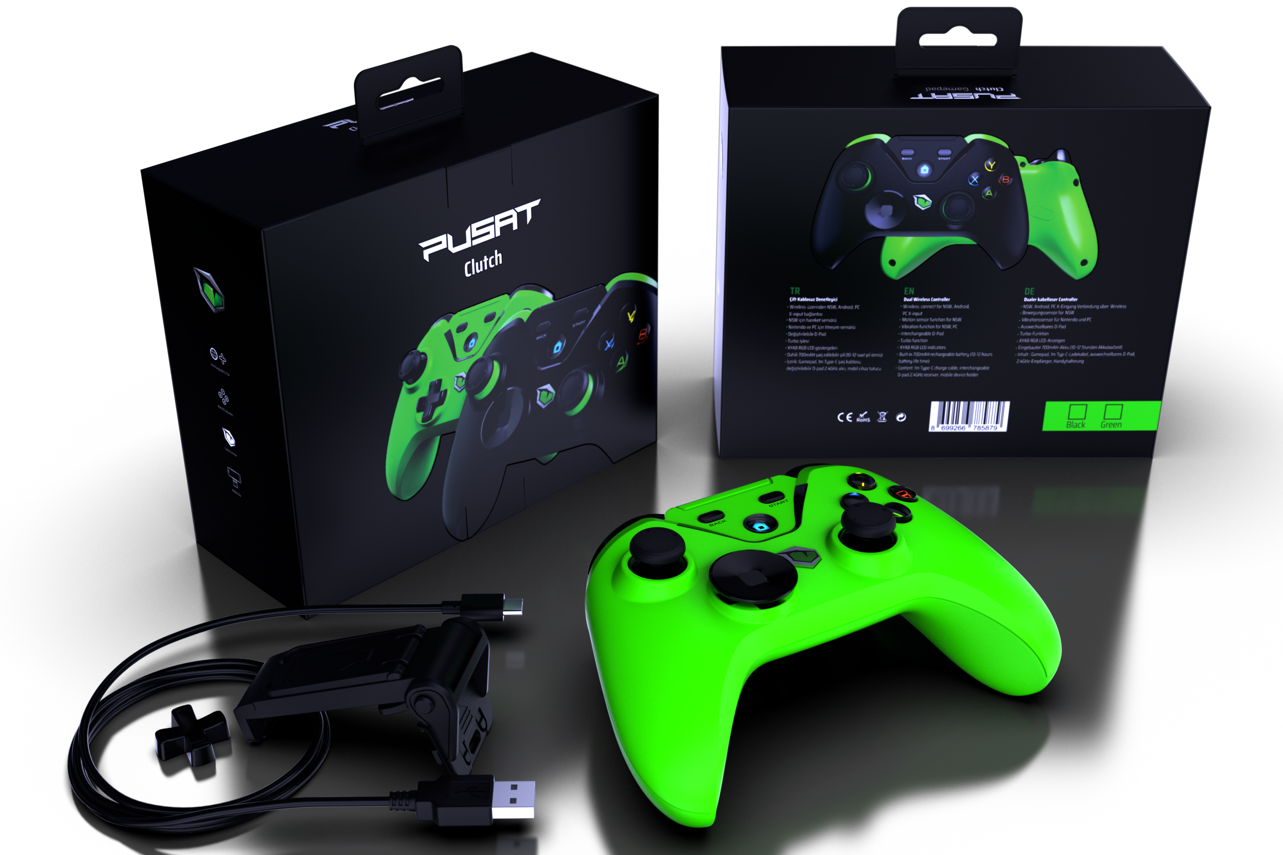 Gaming-Controller in einer Box, mit Controller, Kabeln und schwarzem Hintergrund.