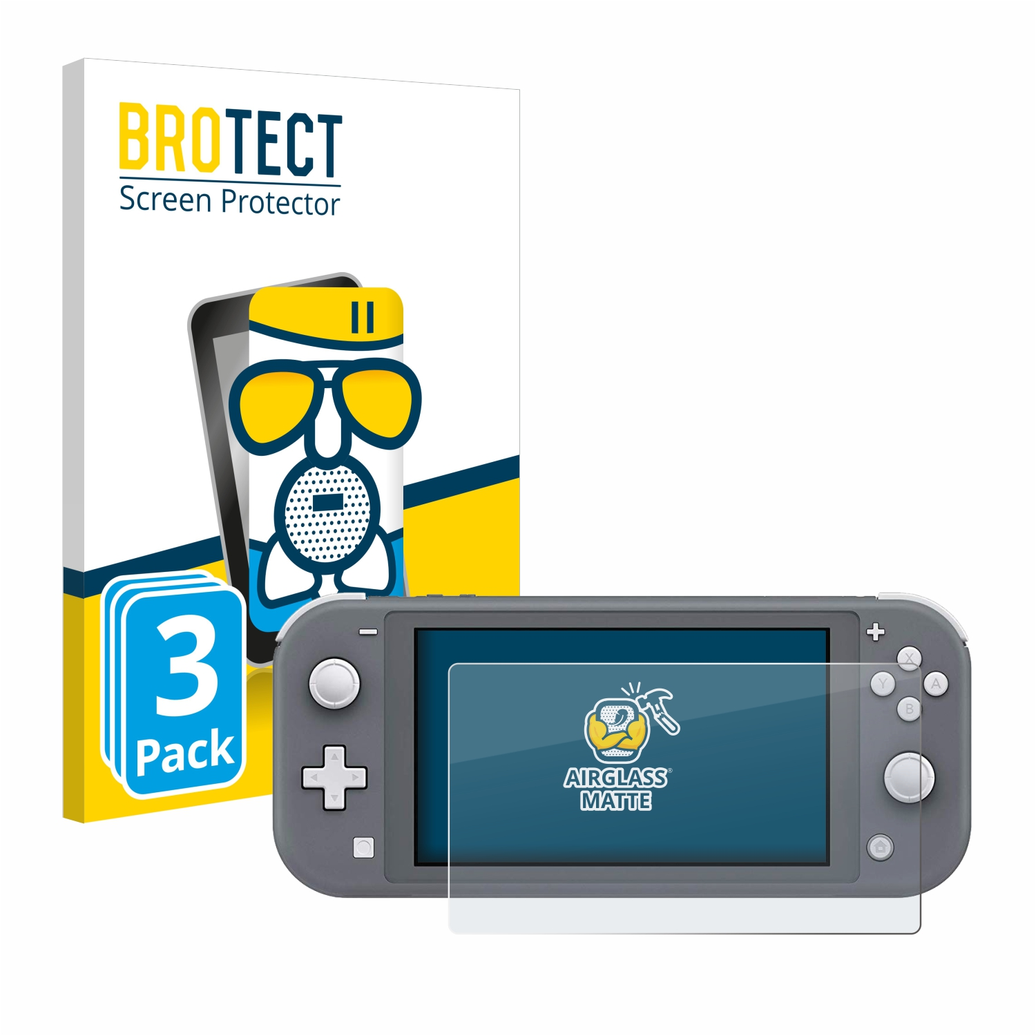 Displayschutzfolie und Nintendo Switch Lite Konsole. Weiße Box. Weißer Hintergrund.