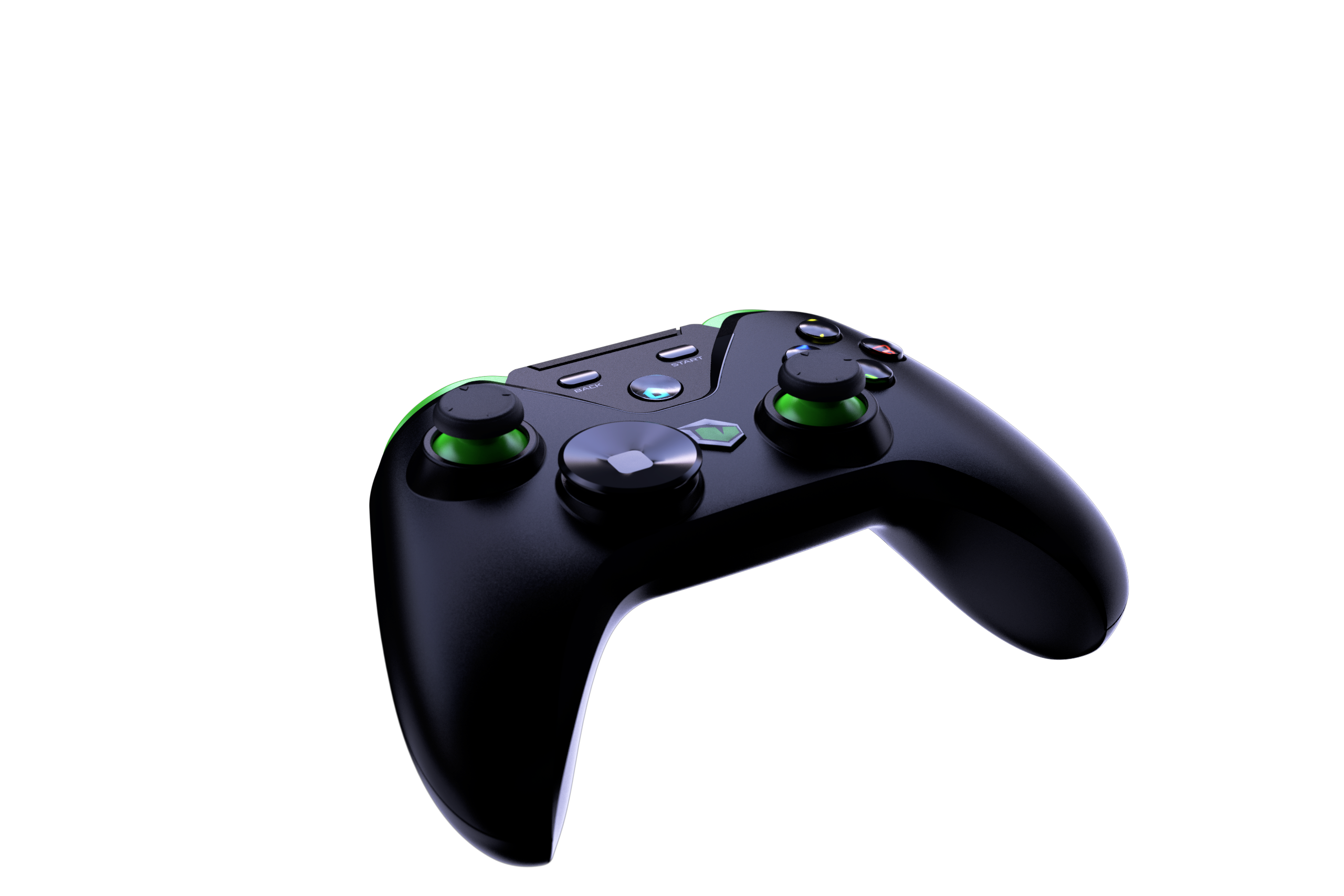 Schwarzer Gamecontroller mit grünen Akzenten auf schwarzem Hintergrund.