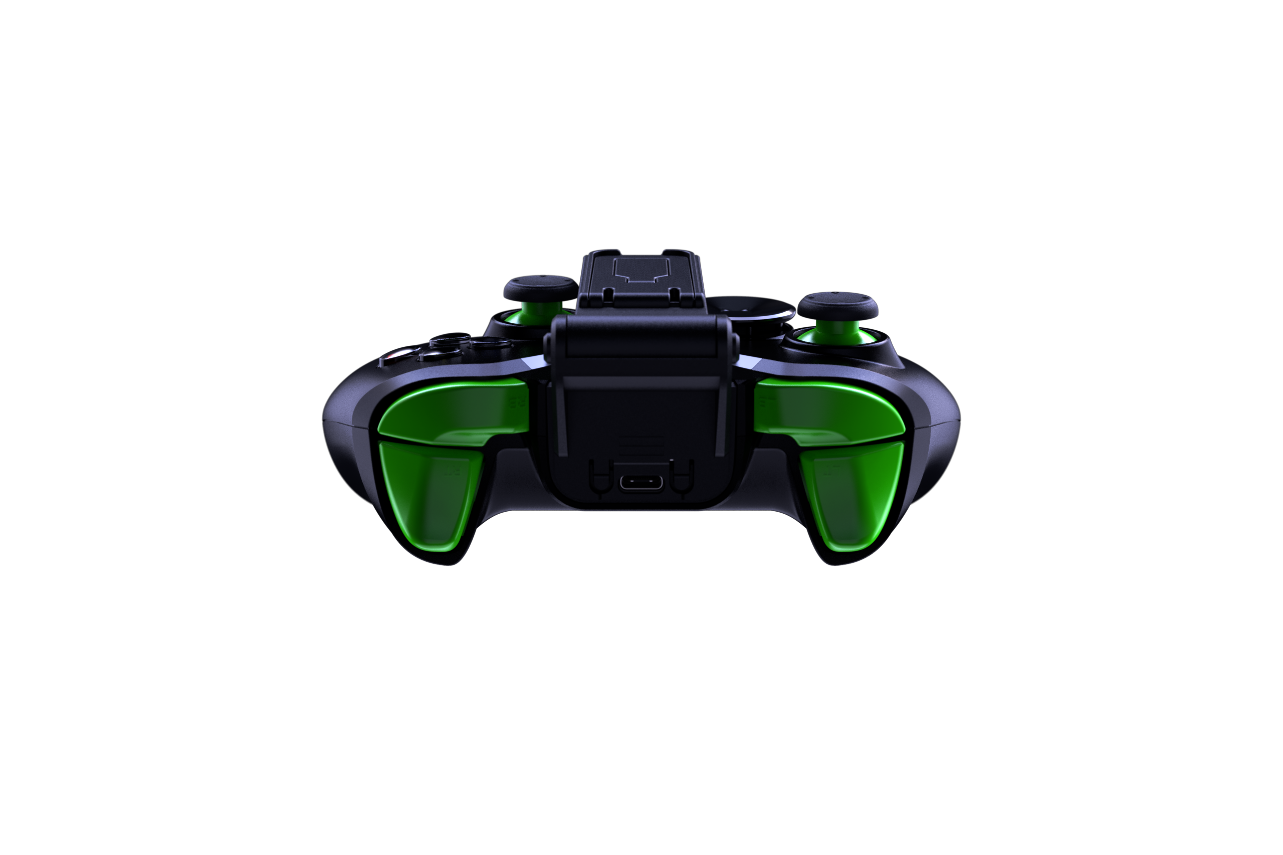 Ein schwarz-grüner Gaming-Controller vor schwarzem Hintergrund. Der Controller wird von unten betrachtet.