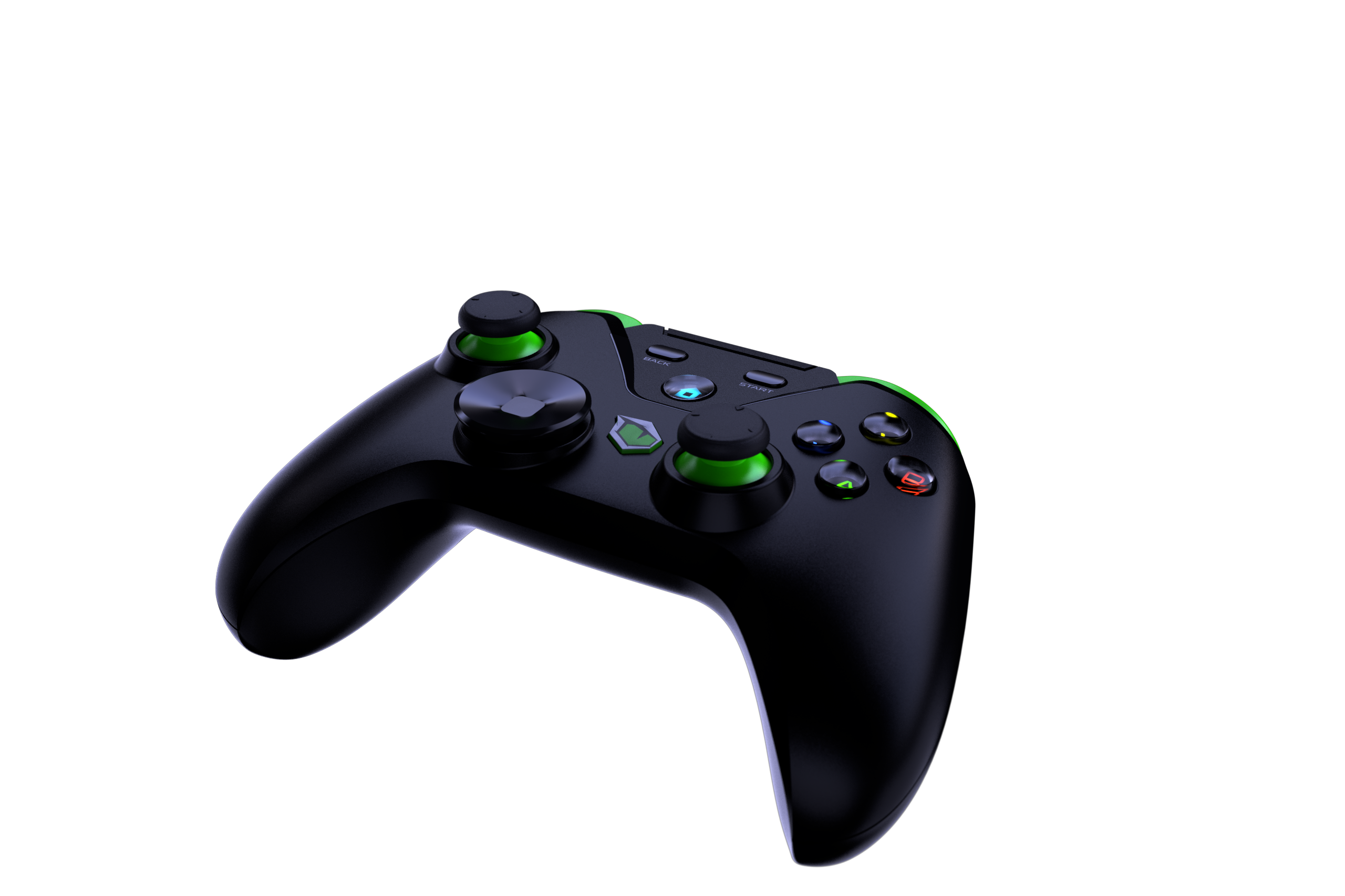 Schwarzer Videospiel-Controller mit grünen Akzenten vor schwarzem Hintergrund.