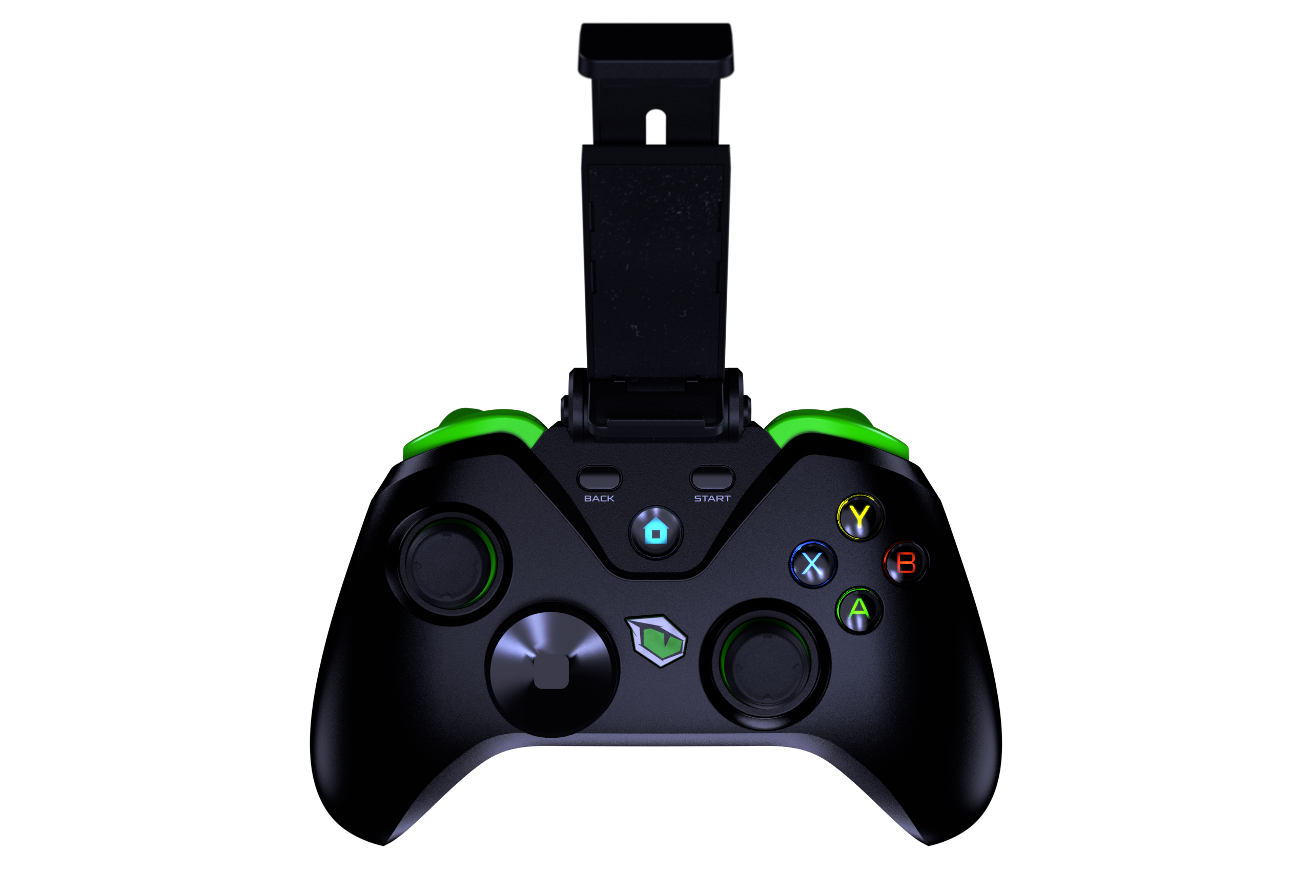 Schwarzer und grüner Gaming-Controller mit Telefonhalterung. Tasten sind beschriftet und farbig beleuchtet.