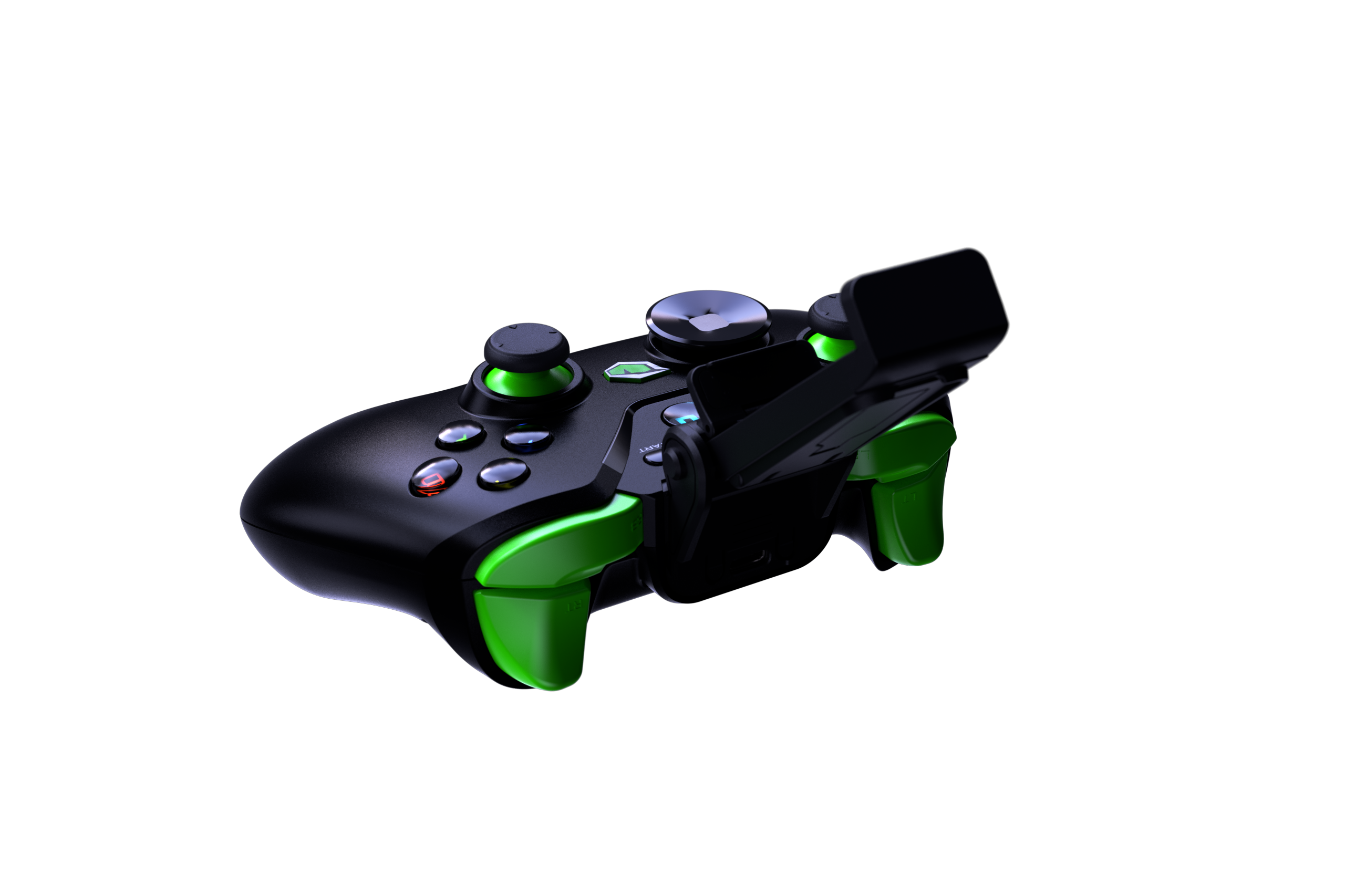 Schwarzer und grüner Gaming-Controller auf schwarzem Hintergrund, mit sichtbaren Knöpfen und Joysticks.