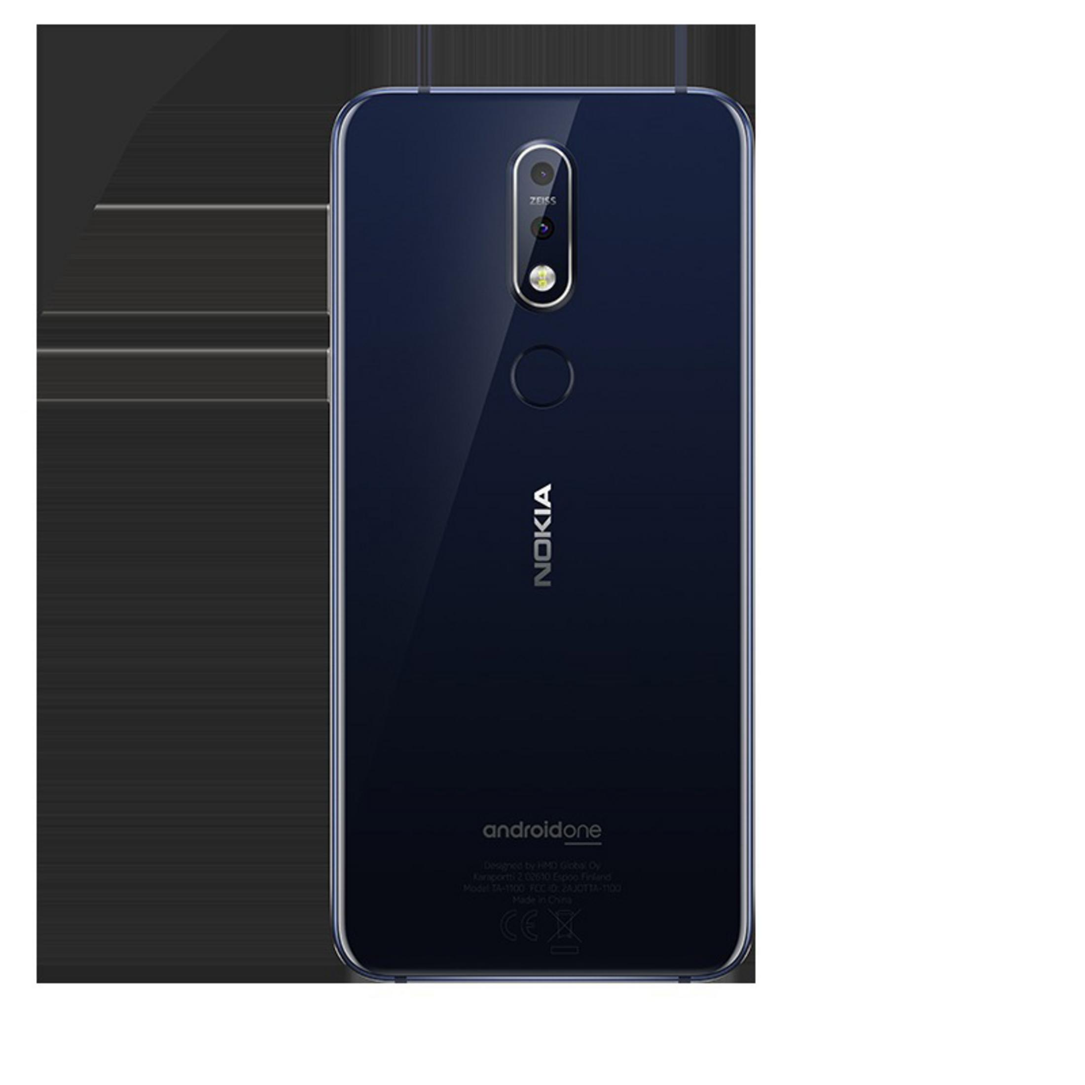 Tył ciemnoniebieskiego telefonu Nokia z Androidem. Ma moduł aparatu i czujnik linii papilarnych.