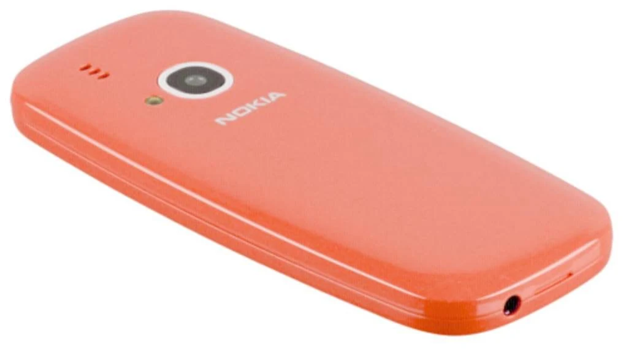 Telefon Nokia, kolor pomarańczowy. Telefon ma aparat i głośnik.