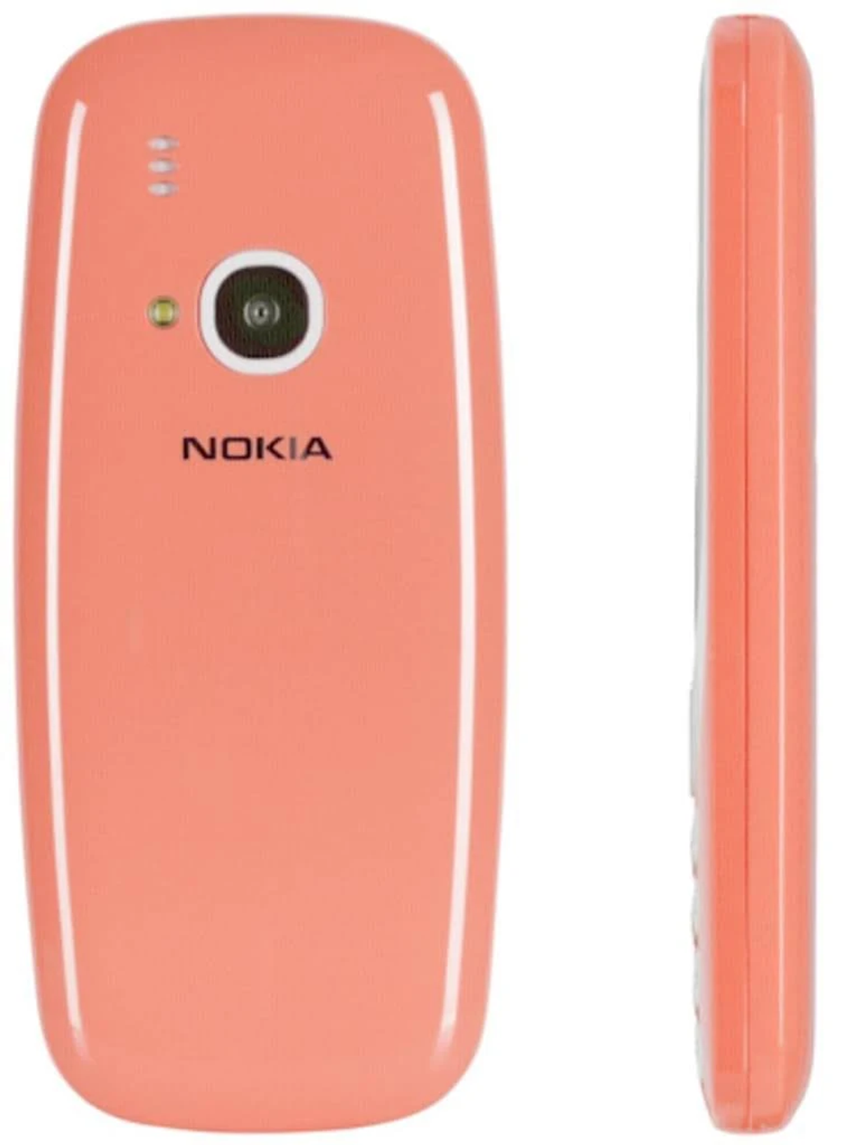 Koralowy różowy telefon Nokia. Telefon ma aparat i logo Nokia.