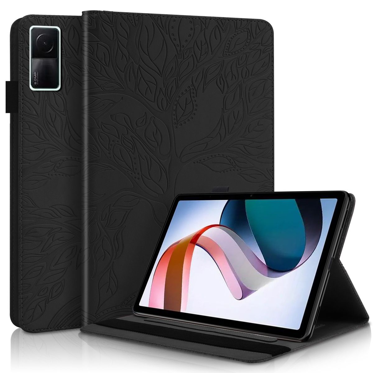 Schwarze Tablethülle mit Blumendesign, Tablet und Ständer.