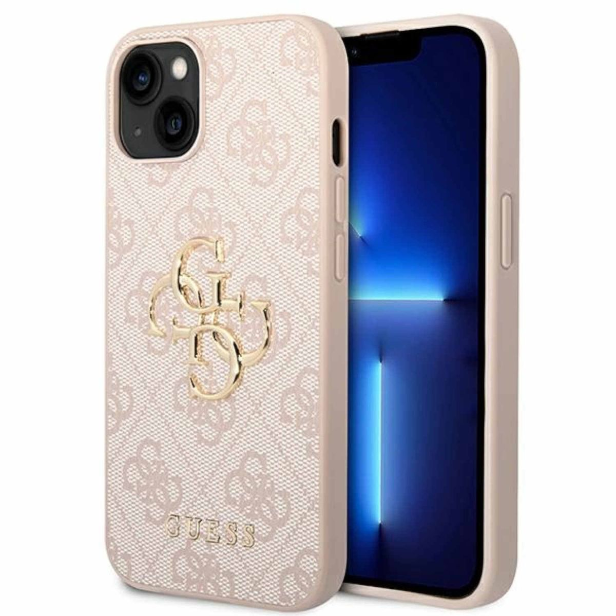 Eine pinke Guess-Handyhülle mit einem Telefon darin.
