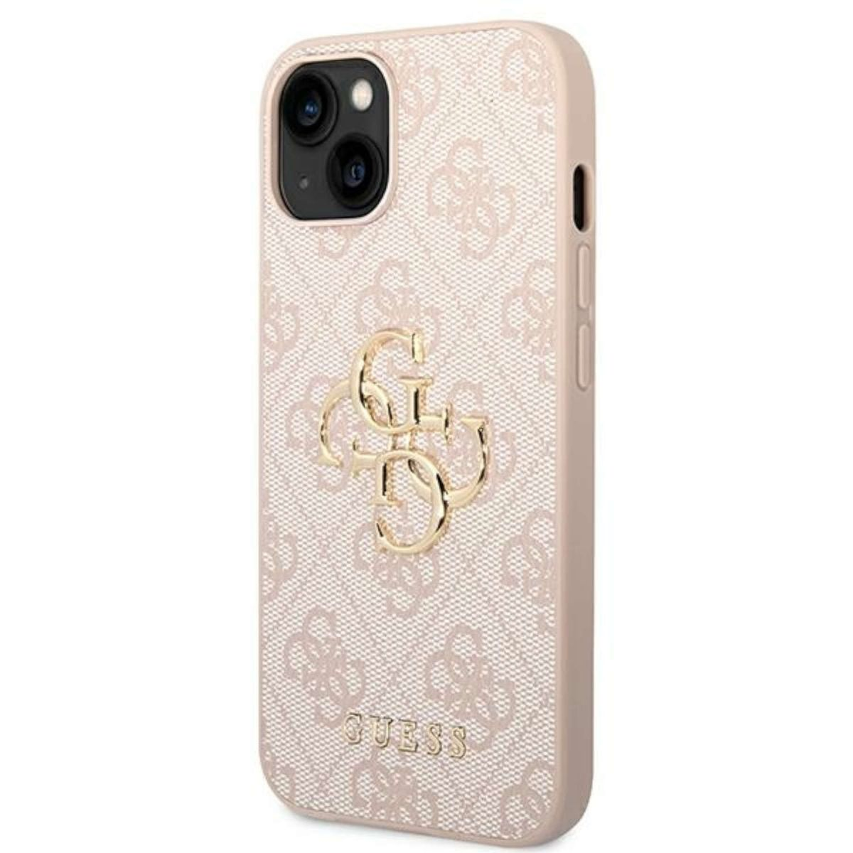 Rosa Guess-Handyhülle mit goldenem Logomuster. Die Hülle befindet sich auf weißem Hintergrund.